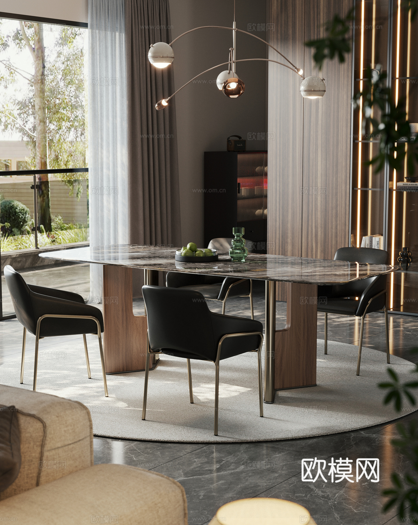 意式长条餐桌椅 轻奢五金餐桌椅3d模型下载（渲染图2）