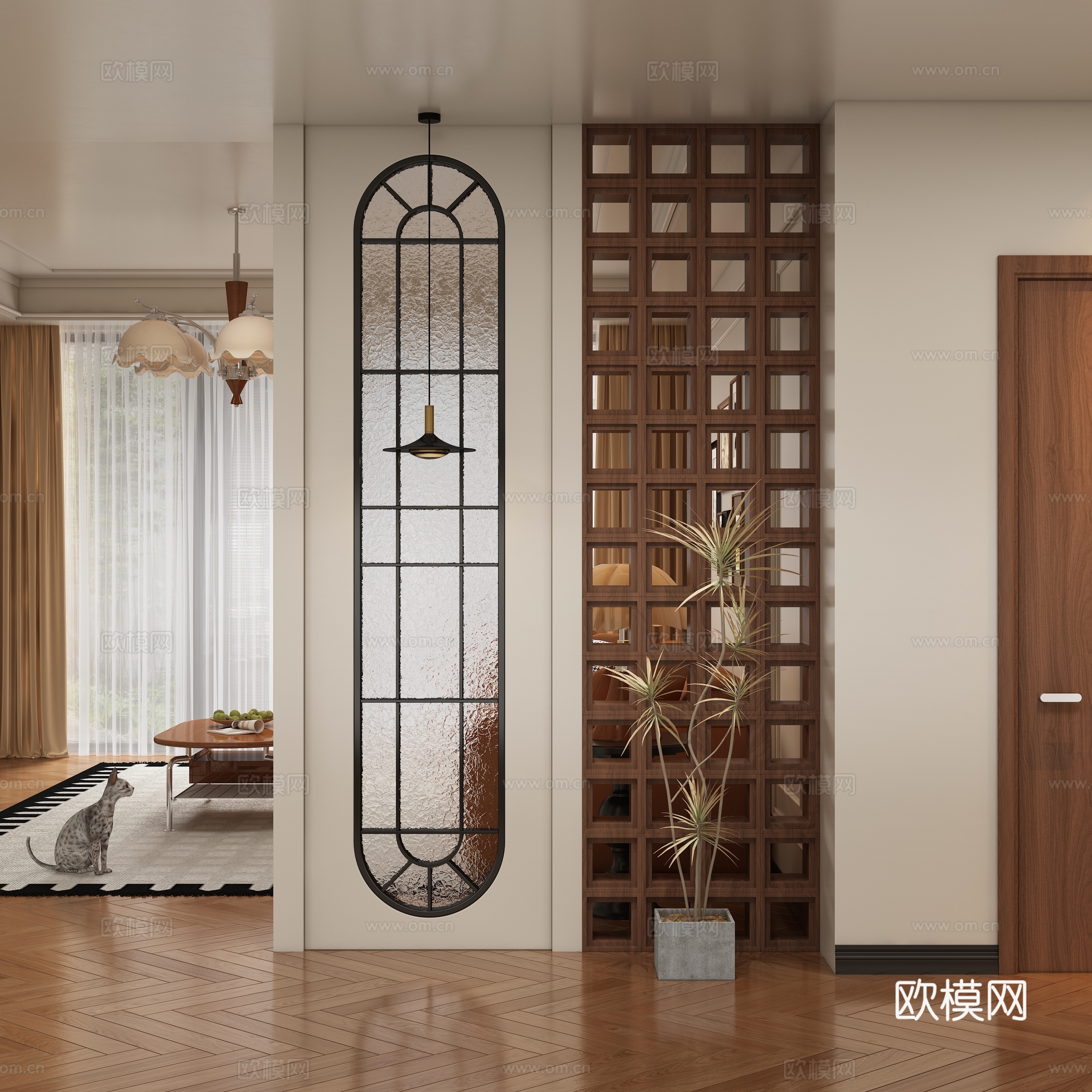 中古风玄关过道 隔断3d模型下载