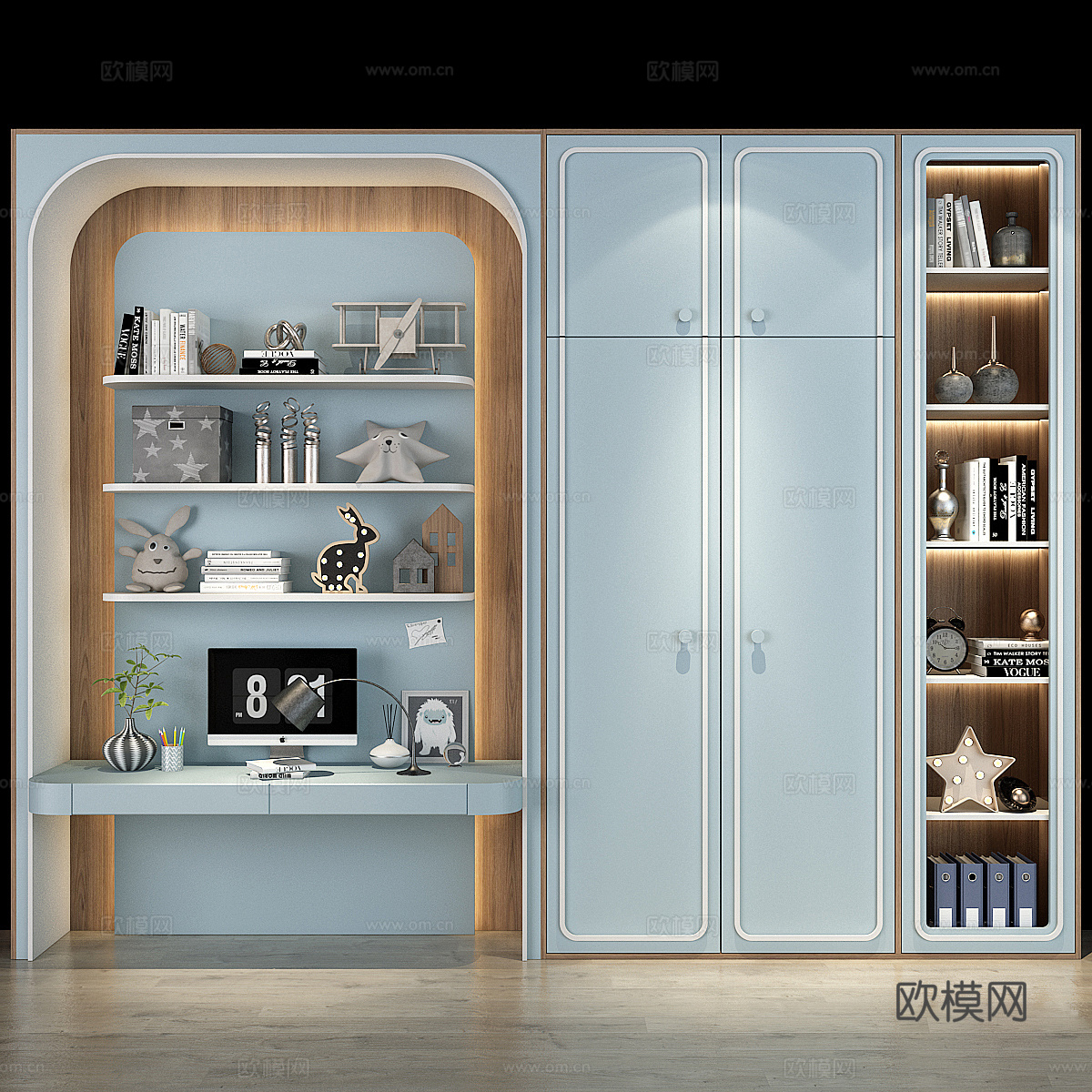 现代儿童书桌书柜衣柜一体柜3d模型下载（渲染图1）