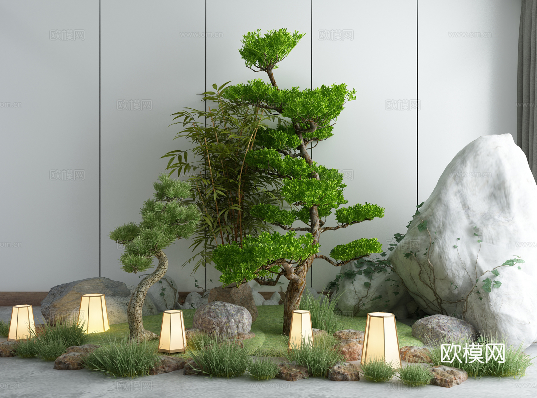 新中式景观小品庭院假山石灯假山建筑小品3d模型