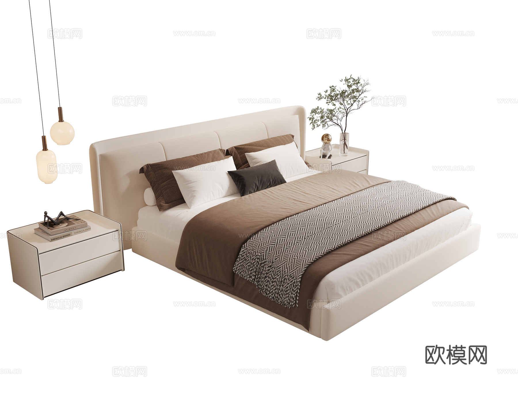 现代双人床 布艺双人床 主卧床 床头柜 吊灯 摆件3d模型下载