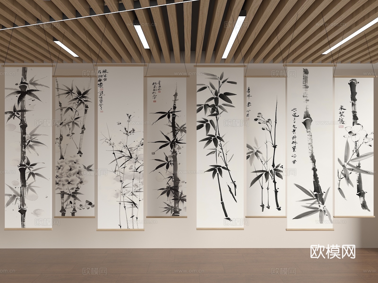 新中式书法挂画 水墨竹子画 茶室卷帘 新中式卷帘 水墨竹子纱su模型