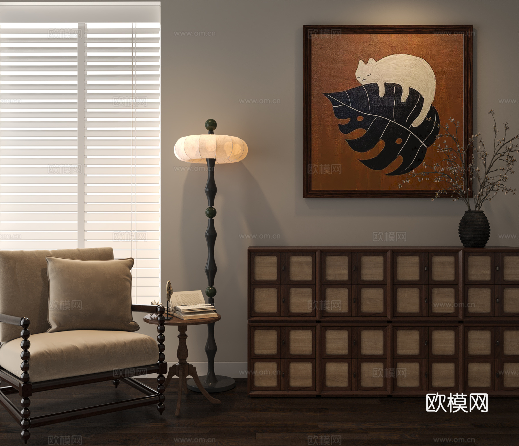 法式中古风单椅边几组合挂画3d模型