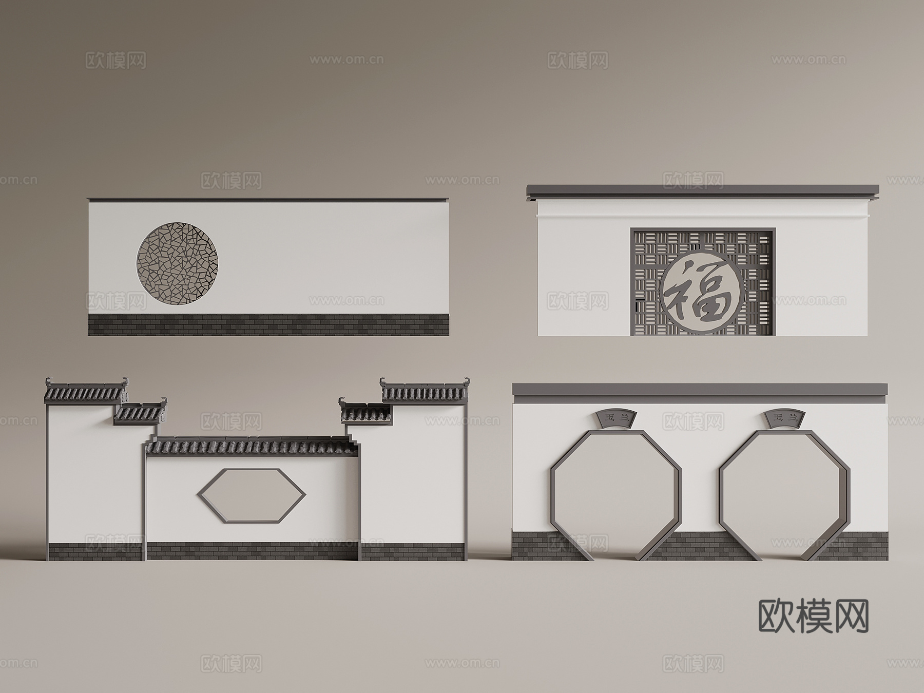 新中式围墙 月亮门 门洞3d模型