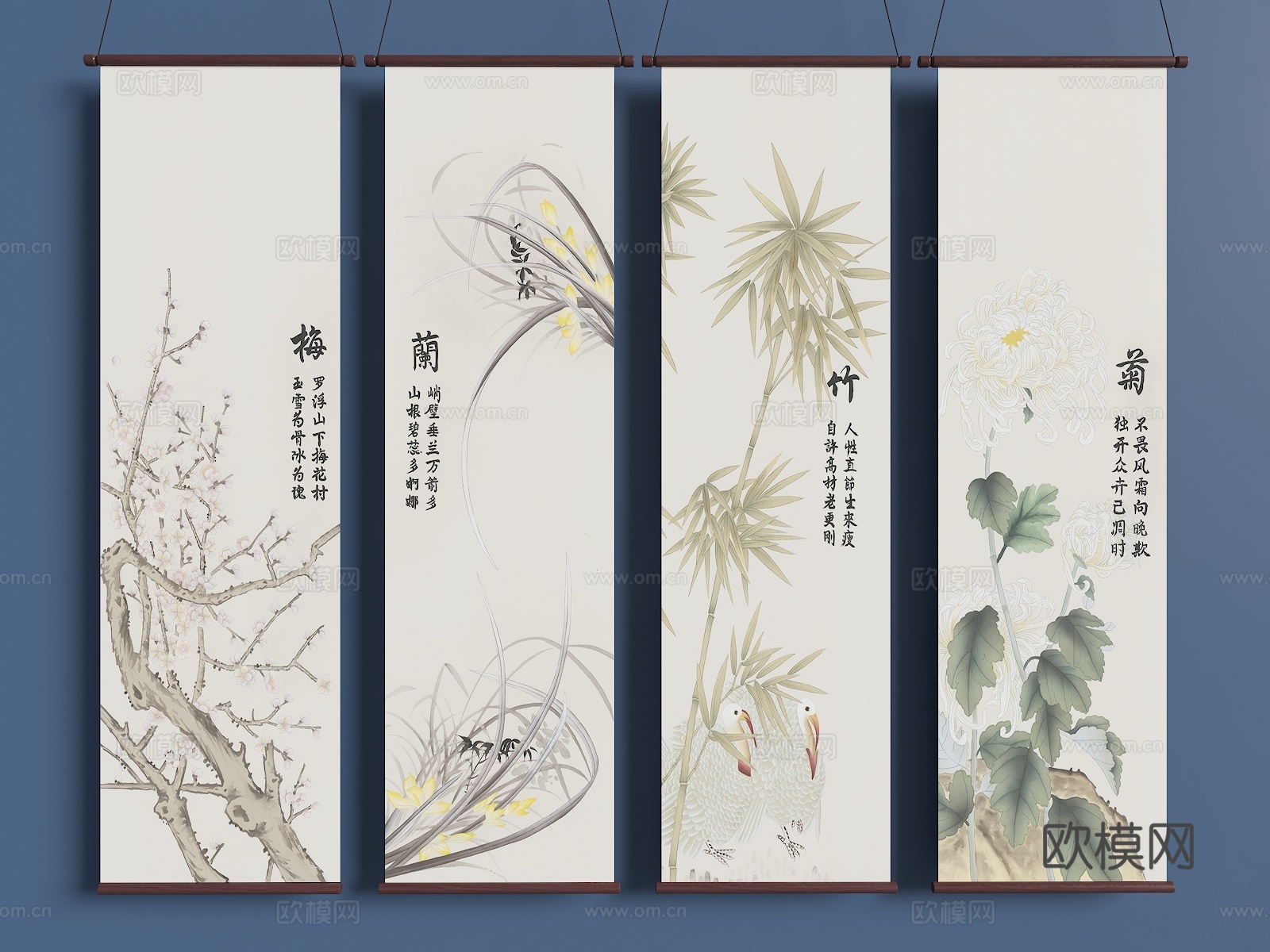 中式挂画 梅花纱帘 国画 茶室卷帘 新中式装饰画 梅兰竹菊挂su模型