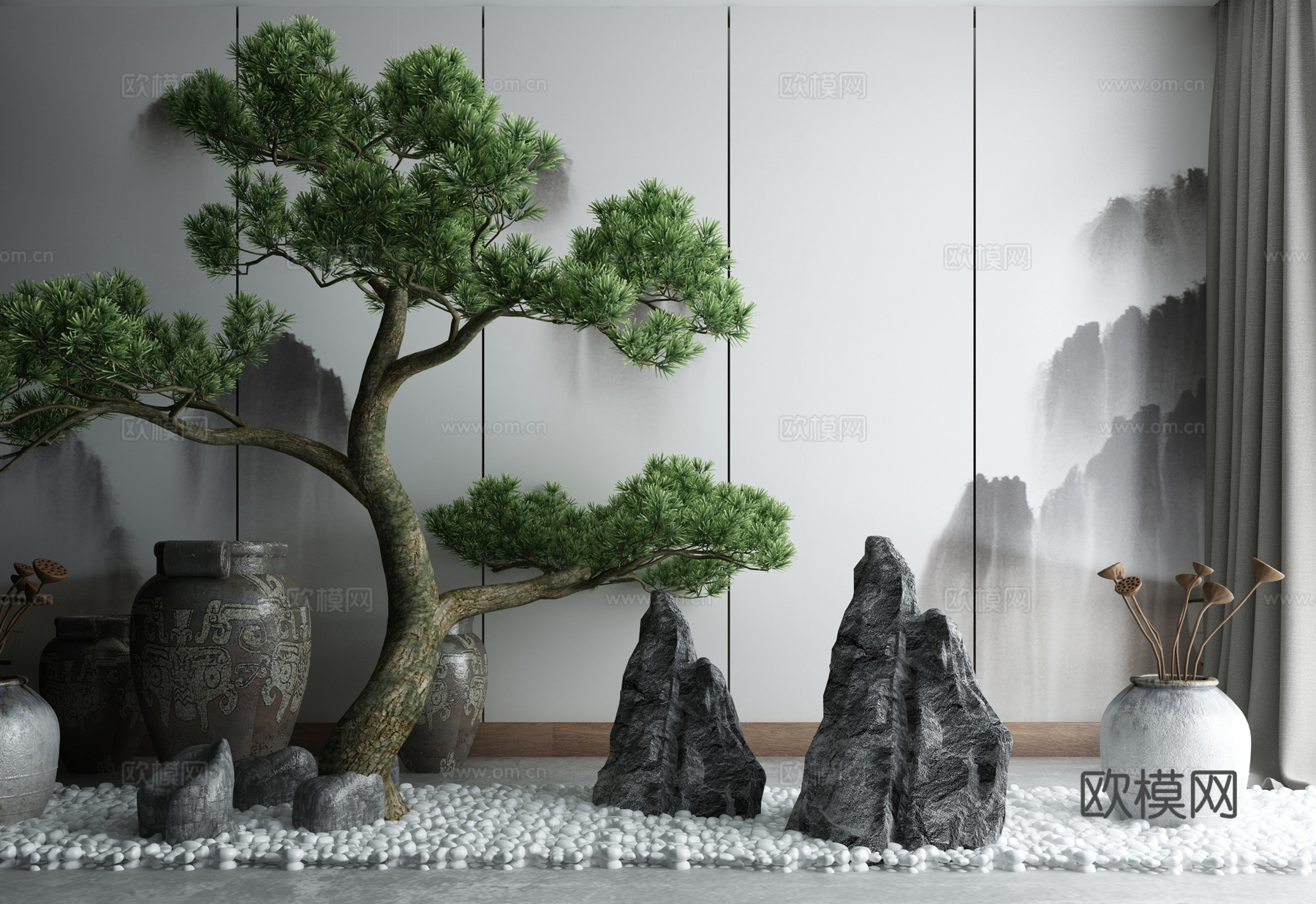 中式庭院景观小品假山石头松树枯山水石3d模型