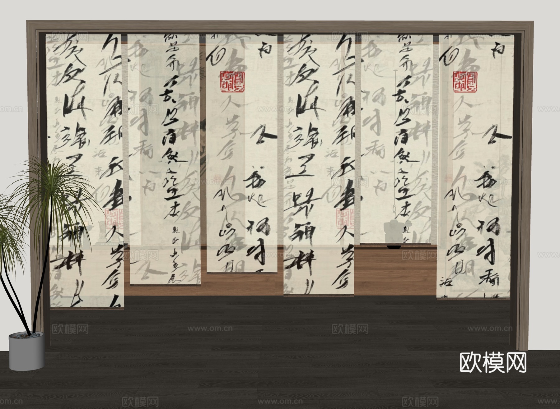 新中式禅意纱帘 字画纱帘 水墨画纱帘 茶室卷帘 新中式卷帘su模型