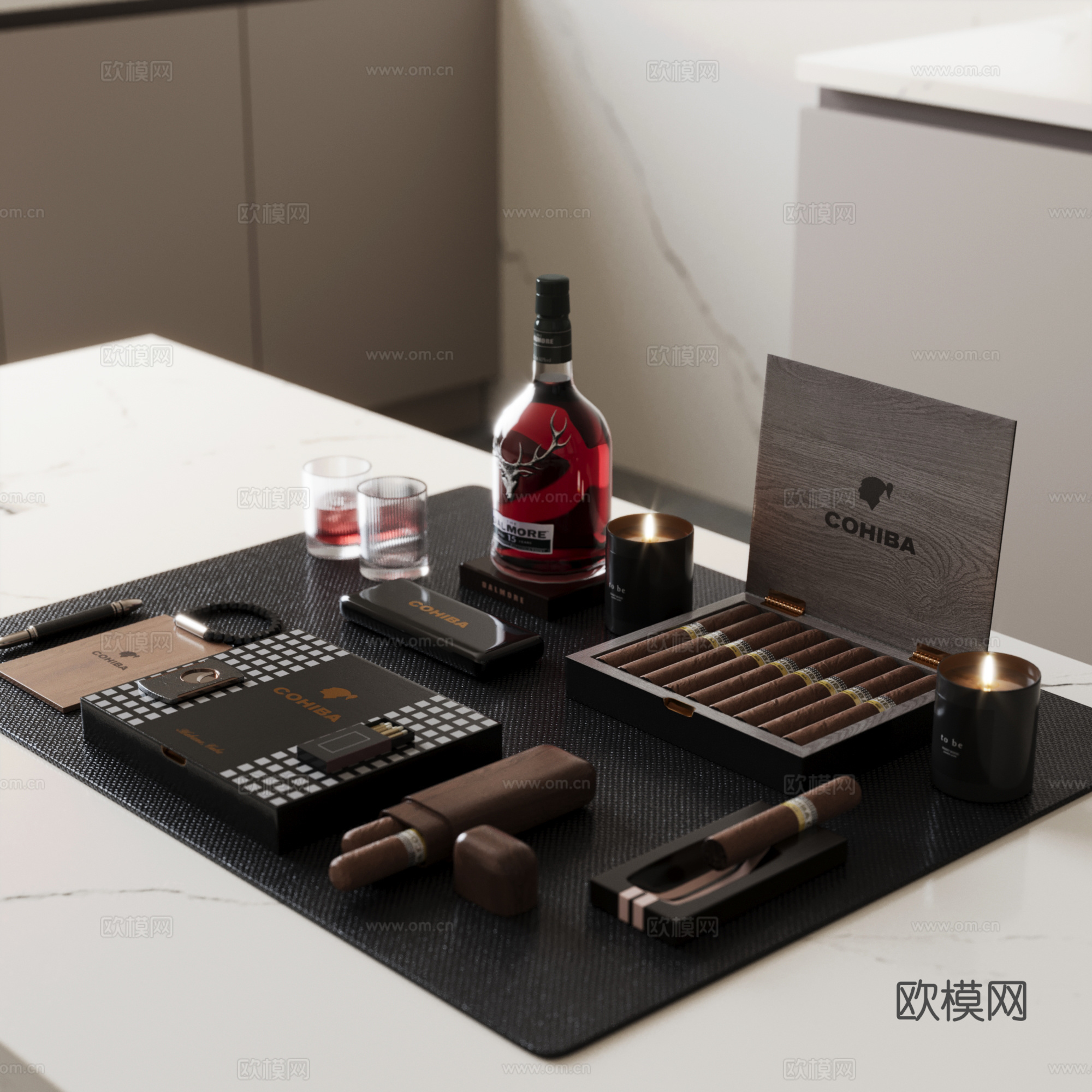 现代雪茄盒 雪茄保湿盒 酒瓶酒杯3d模型
