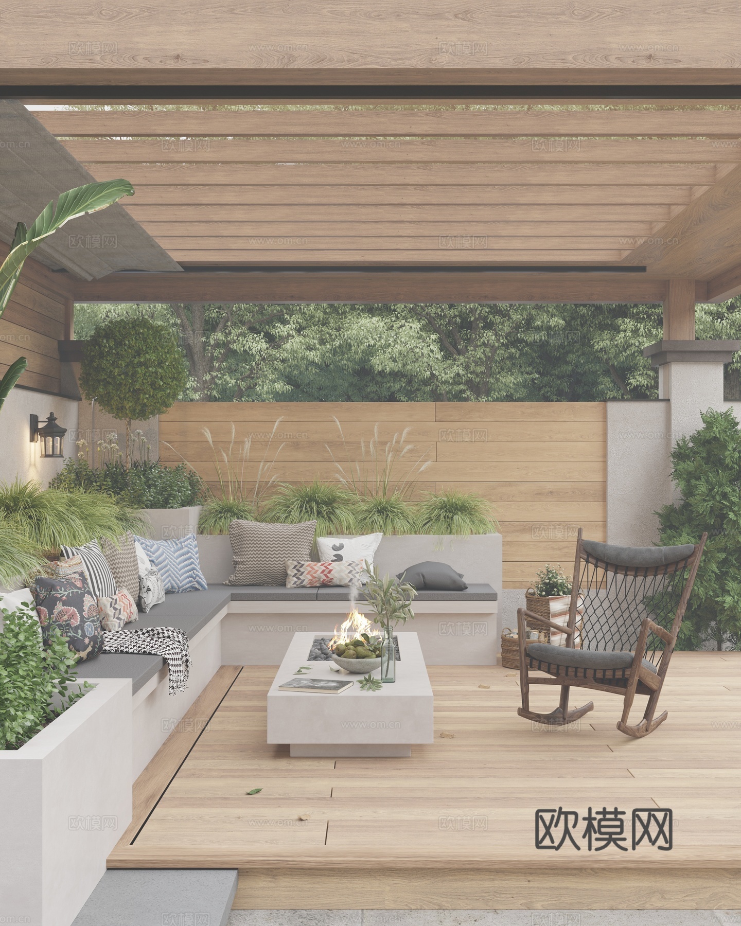 现代奶油风 简约风庭院花园 木制廊架 亭廊 休闲L型卡座 花3d模型下载