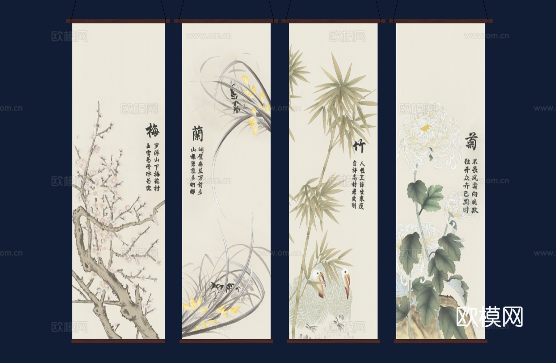 中式挂画 梅花纱帘 国画 茶室卷帘 新中式装饰画 梅兰竹菊挂su模型