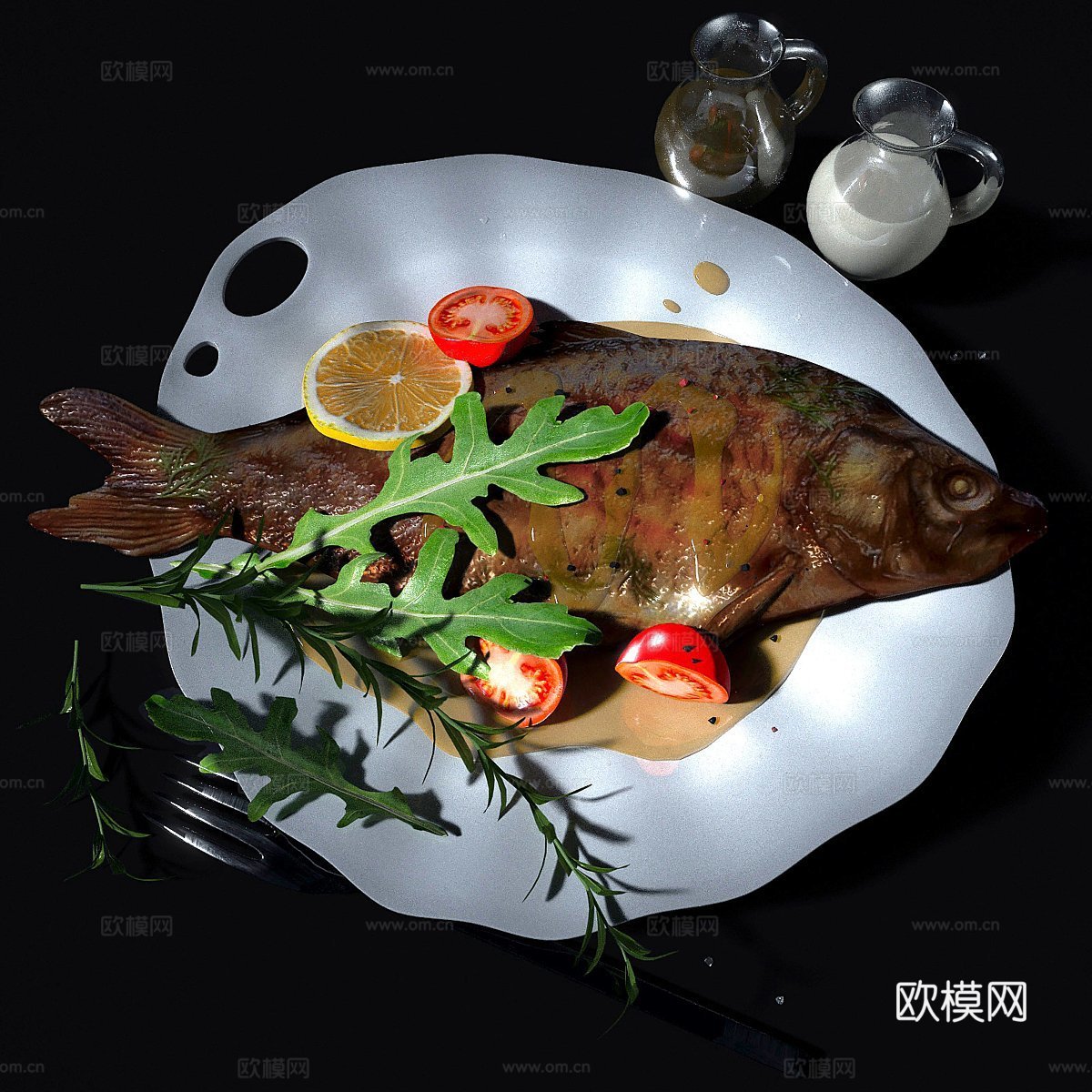 酱汁烤鱼配蔬菜3d模型