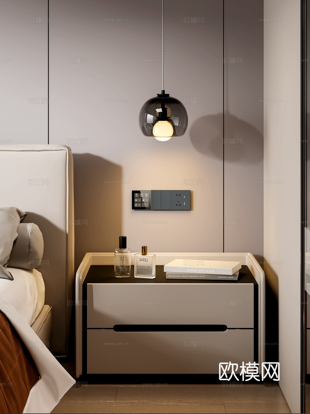 现代卧室床头柜吊灯开关面板3d模型下载（渲染图1）