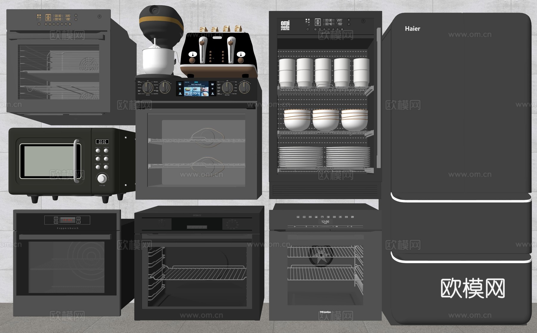 现代厨房家用电器烤箱面包机洗碗机调料用品su模型