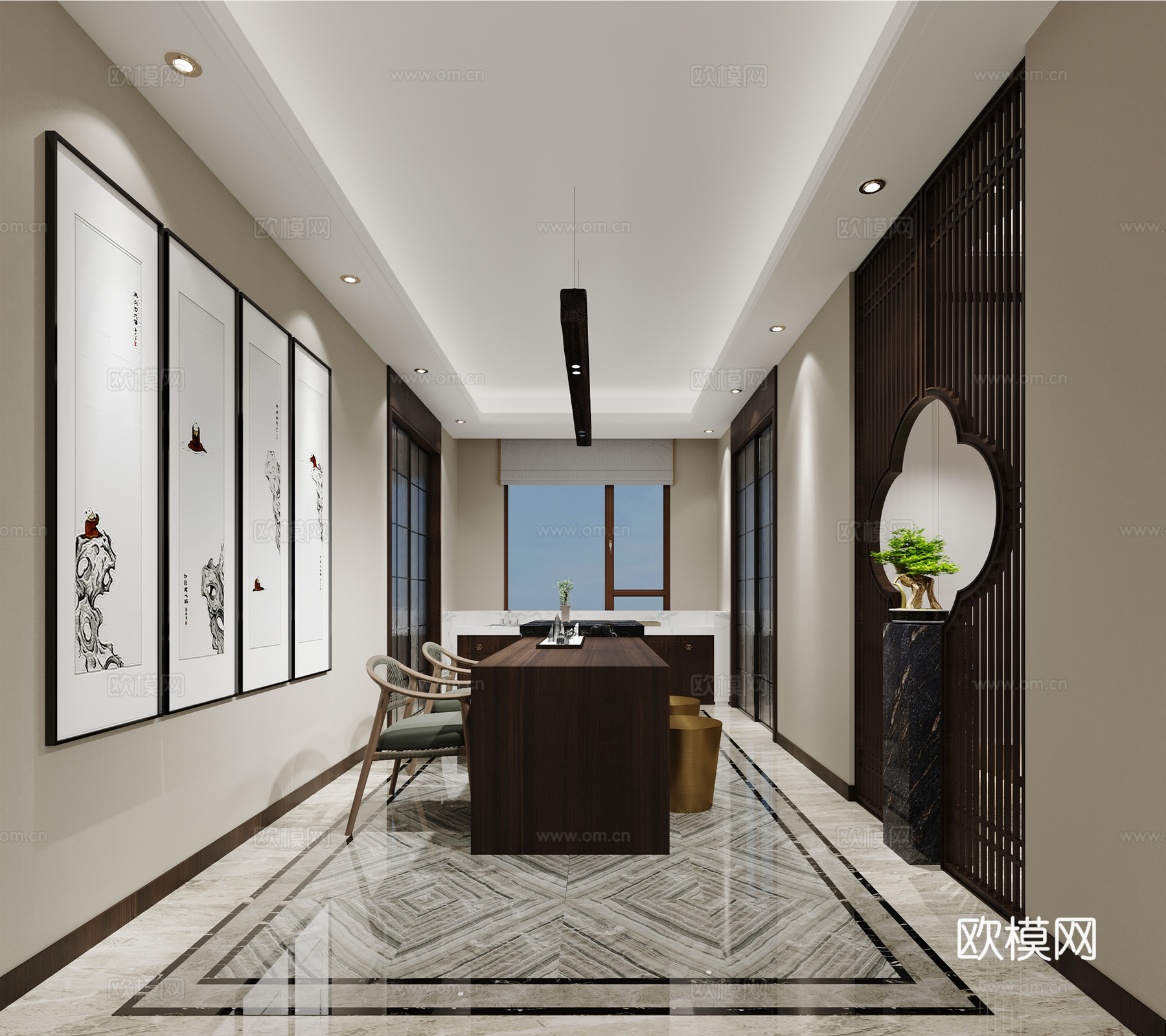 新中式餐厅 岛台餐桌 新中式餐椅 新中式餐凳 新中式吊灯3d模型