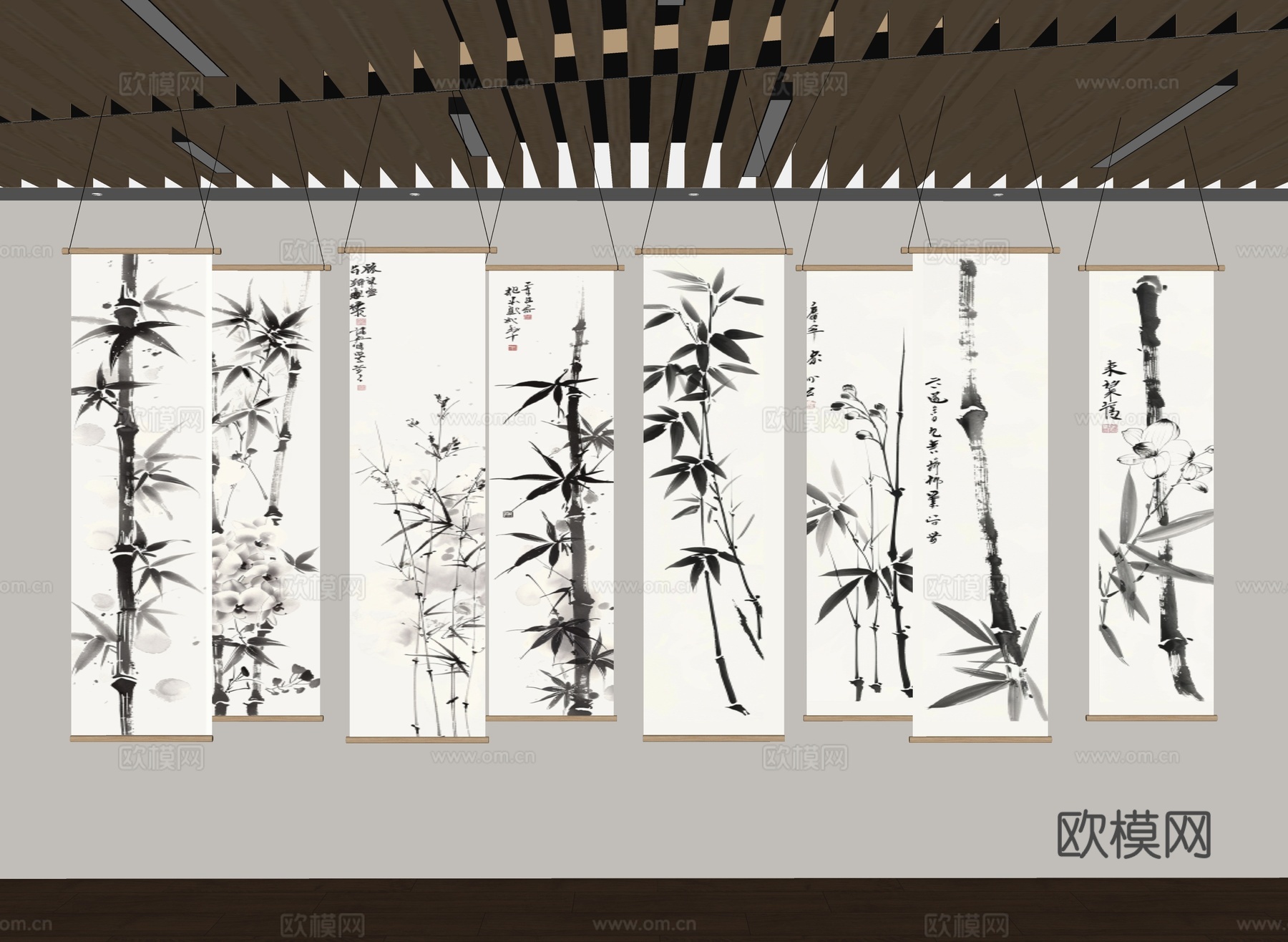 新中式书法挂画 水墨竹子画 茶室卷帘 新中式卷帘 水墨竹子纱su模型