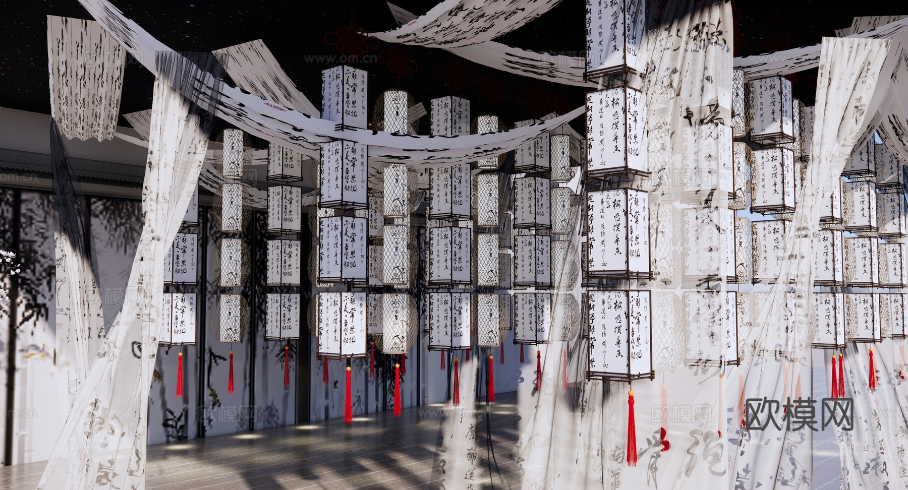 新中式 美陈 诗词文化展厅 古灯笼书法门帘 艺术文化美陈 灯su模型
