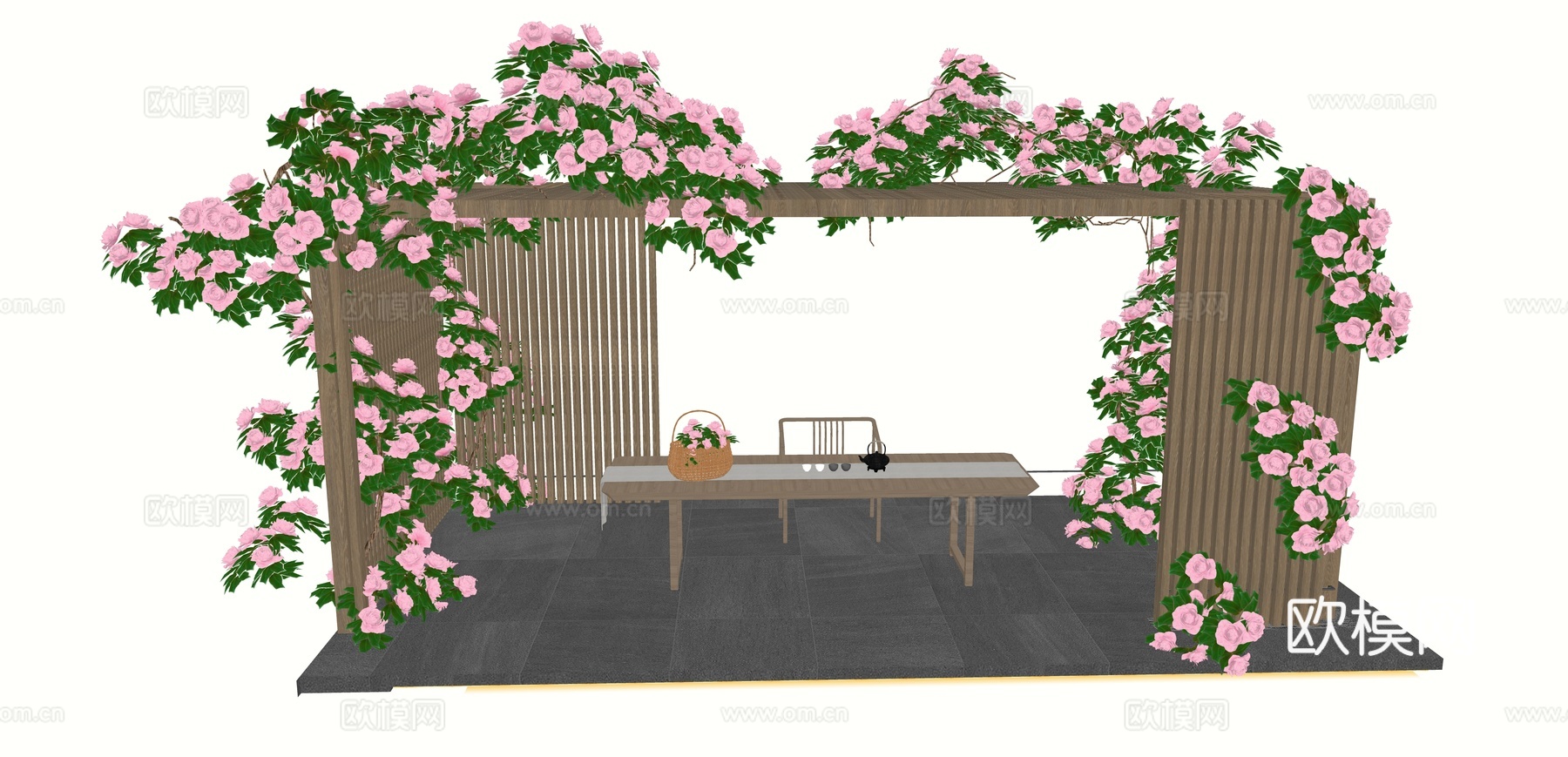 现代 廊架 爬藤植物庭院廊架 蔷薇 月季 玫瑰 格栅花架su模型
