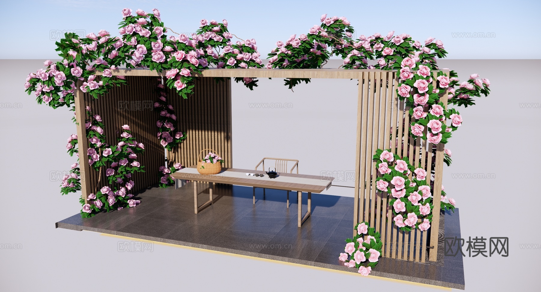 现代 廊架 爬藤植物庭院廊架 蔷薇 月季 玫瑰 格栅花架su模型