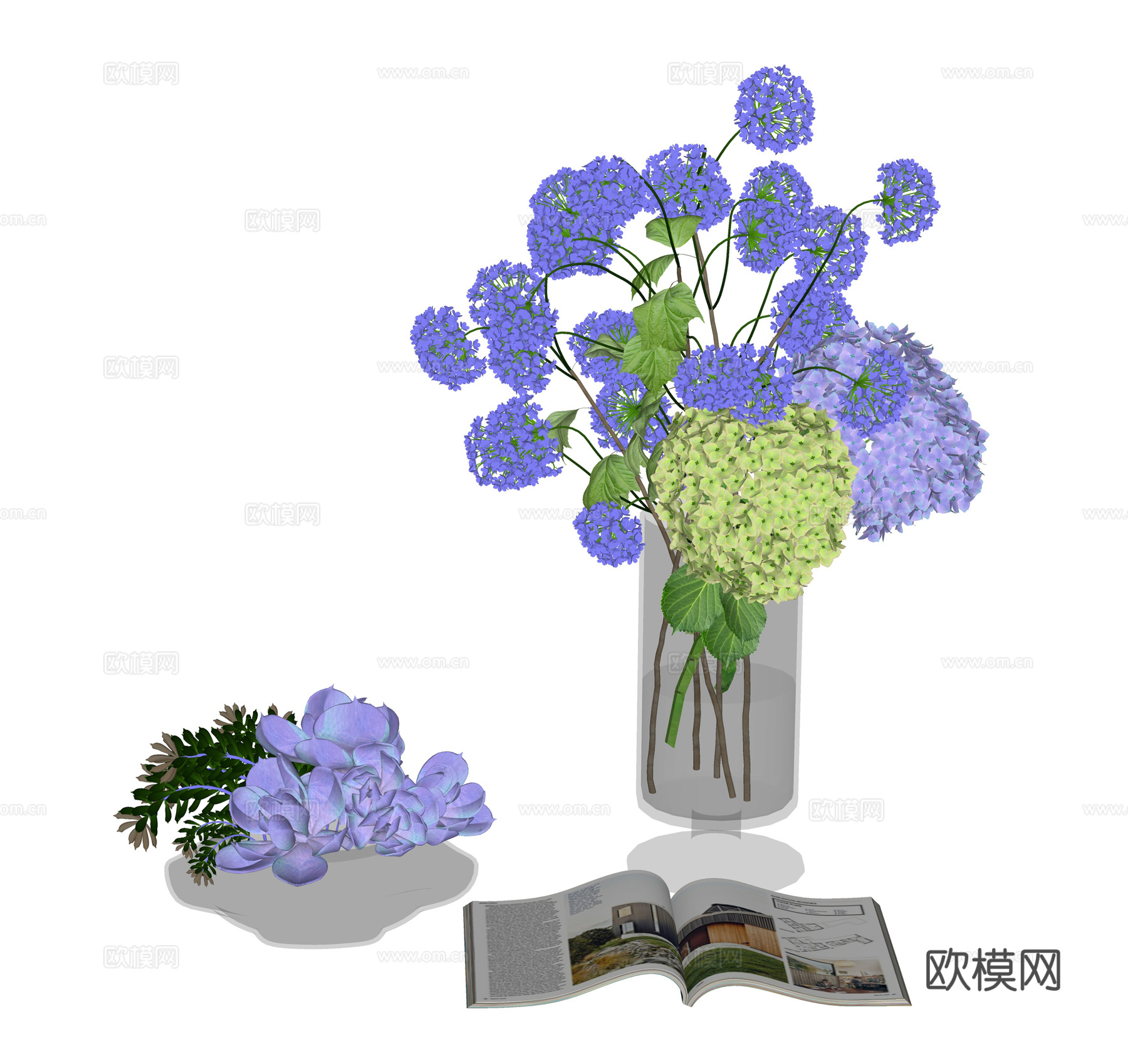现代花瓶花卉 玻璃插花  室内景观花卉su模型