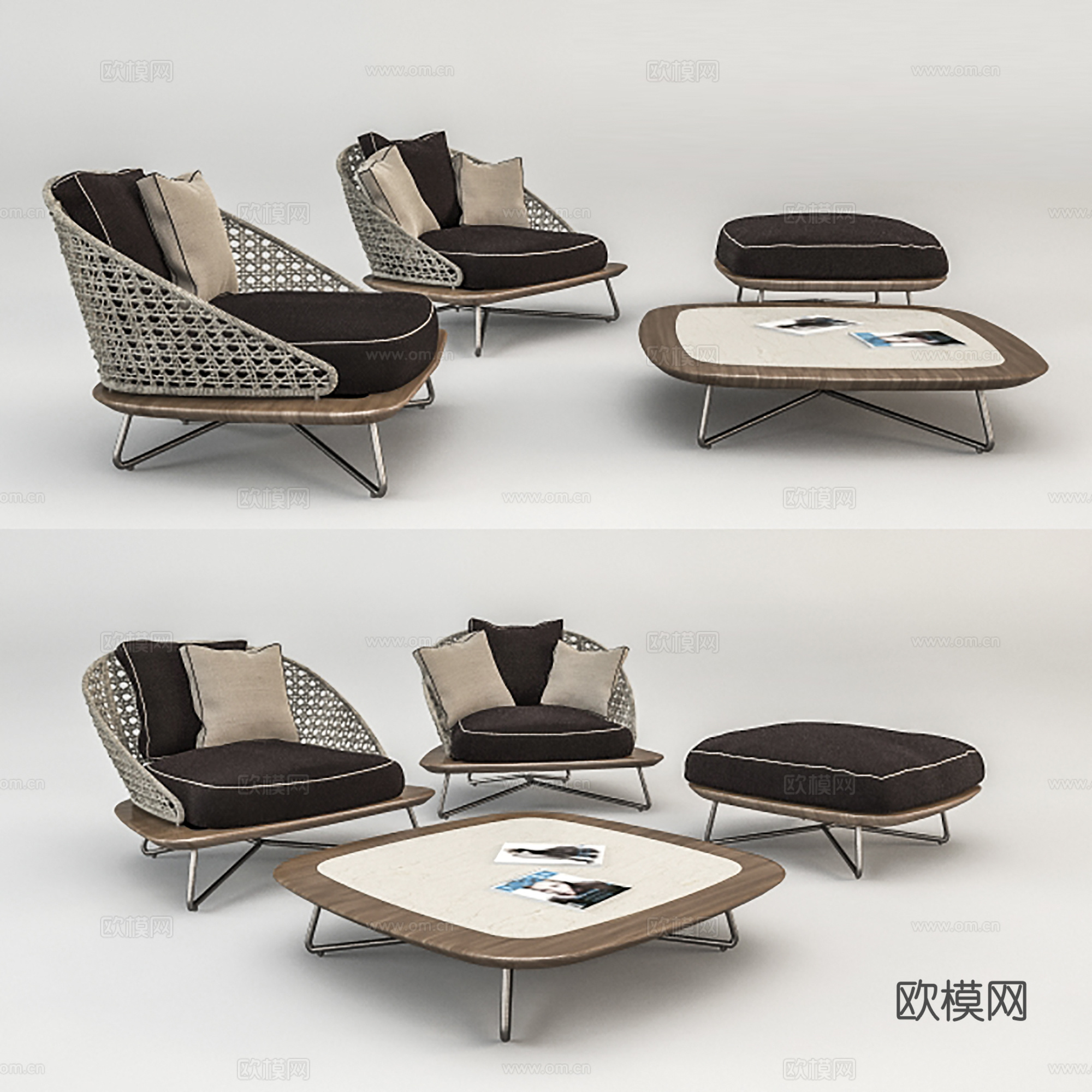 中古风户外休闲椅 藤椅 茶几小矮凳su模型
