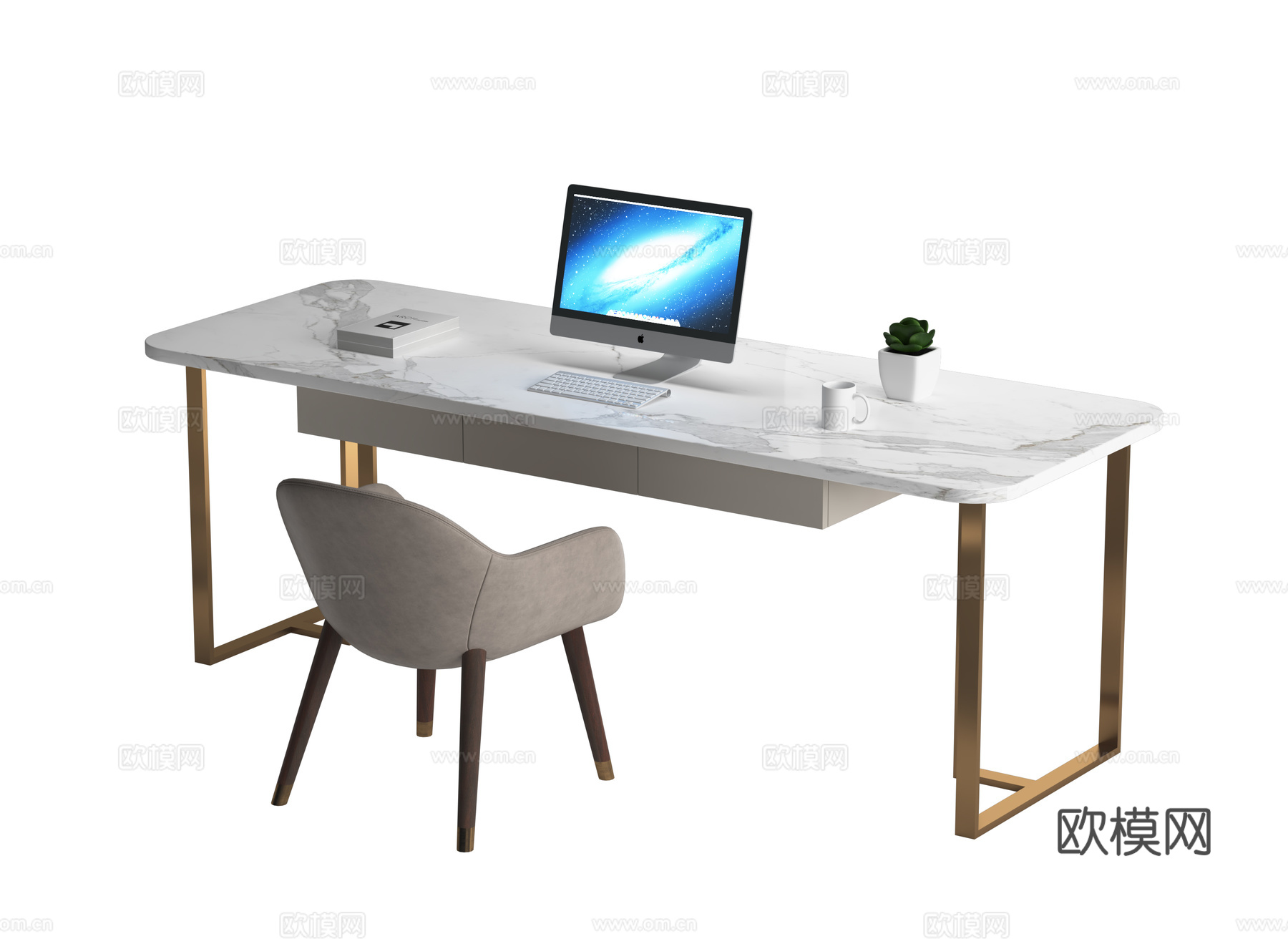 现代轻奢风办公桌椅组合书桌椅组合3d模型下载