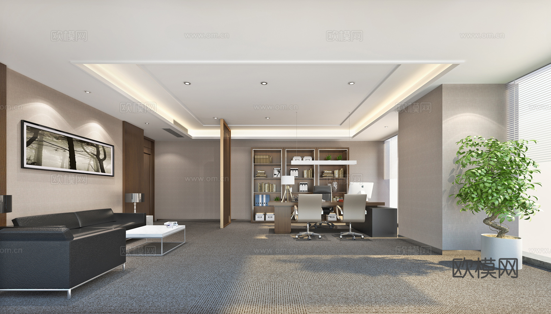 现代简约经理老板办公室 办公桌椅沙发茶几装饰画3d模型