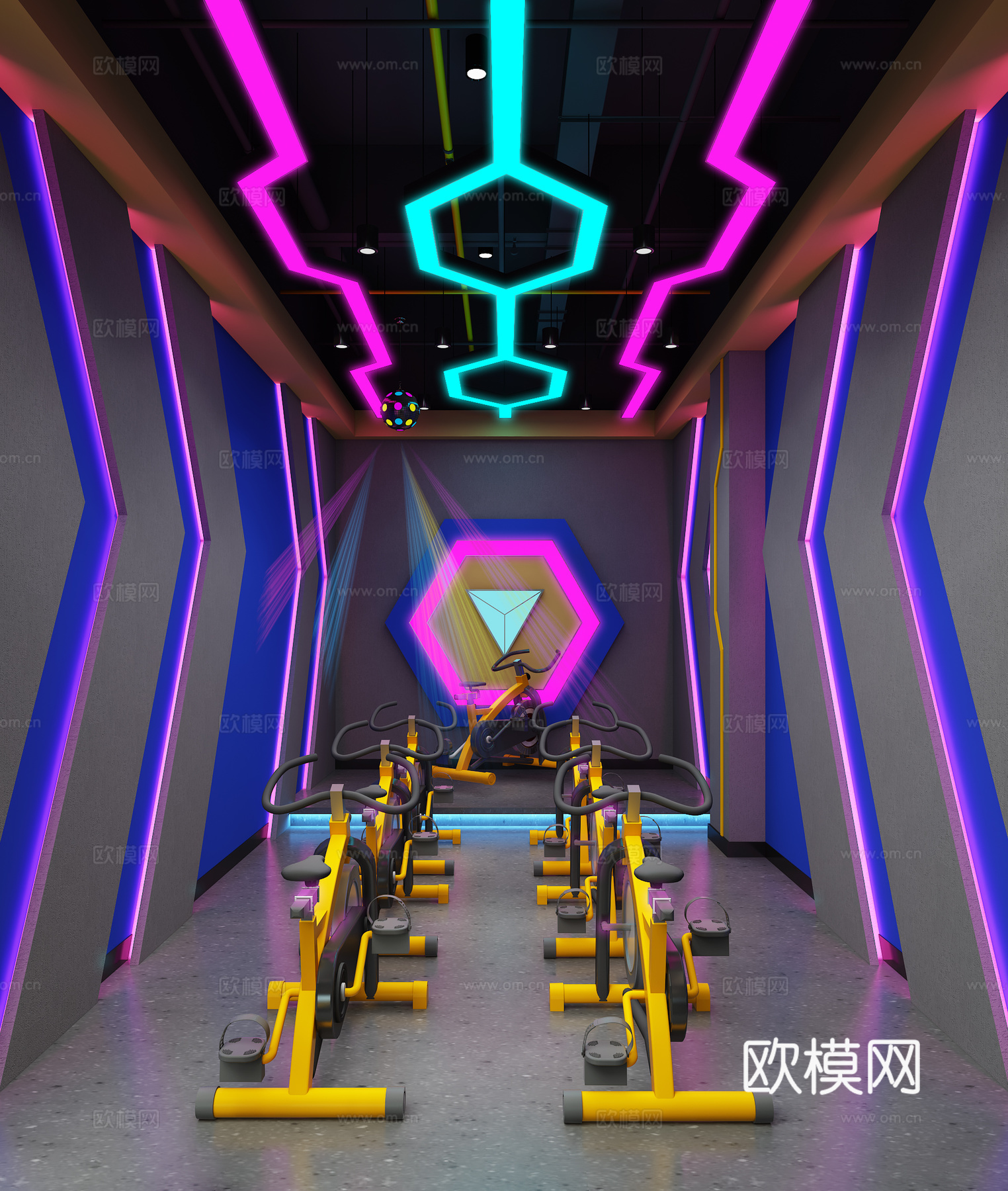 现代工业风健身会所健身房健身器材动感单车瑜珈室3d模型