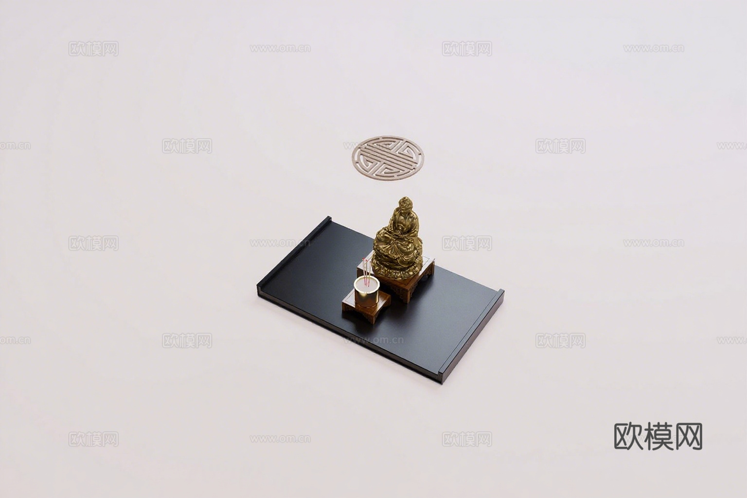 中式禅意佛龛 鎏金佛像 铜炉香具 悬浮纹饰盘 深色托盘3d模型