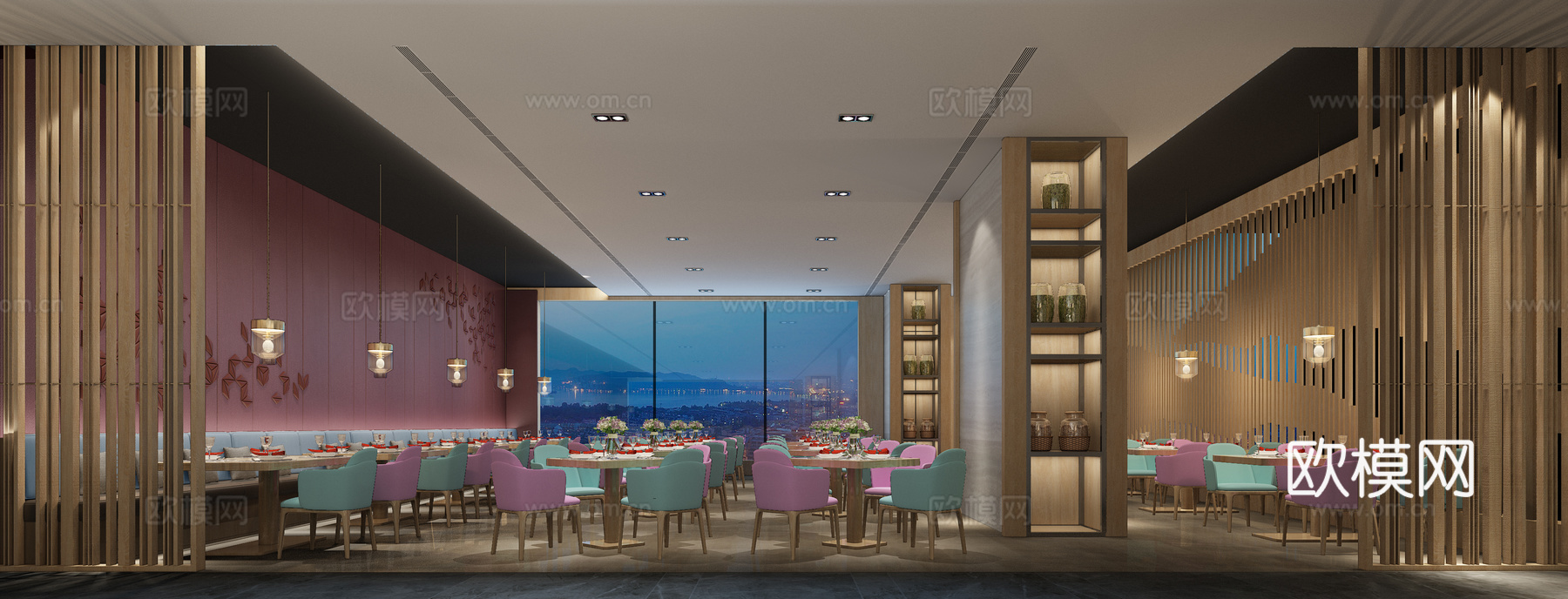 现代酒店餐厅自助餐 卡座 吊灯 隔断墙饰 餐厅3d模型
