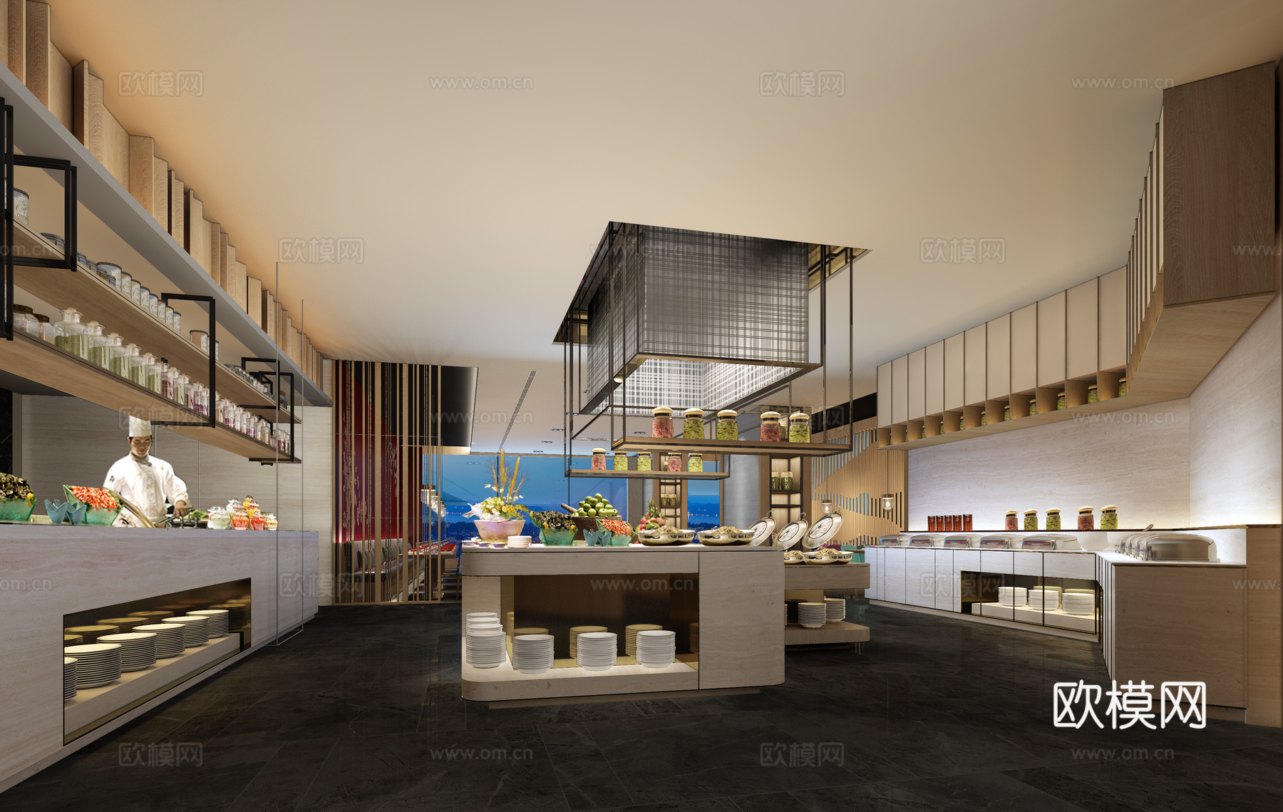 现代酒店餐厅自助餐 卡座 吊灯 隔断墙饰 餐厅3d模型