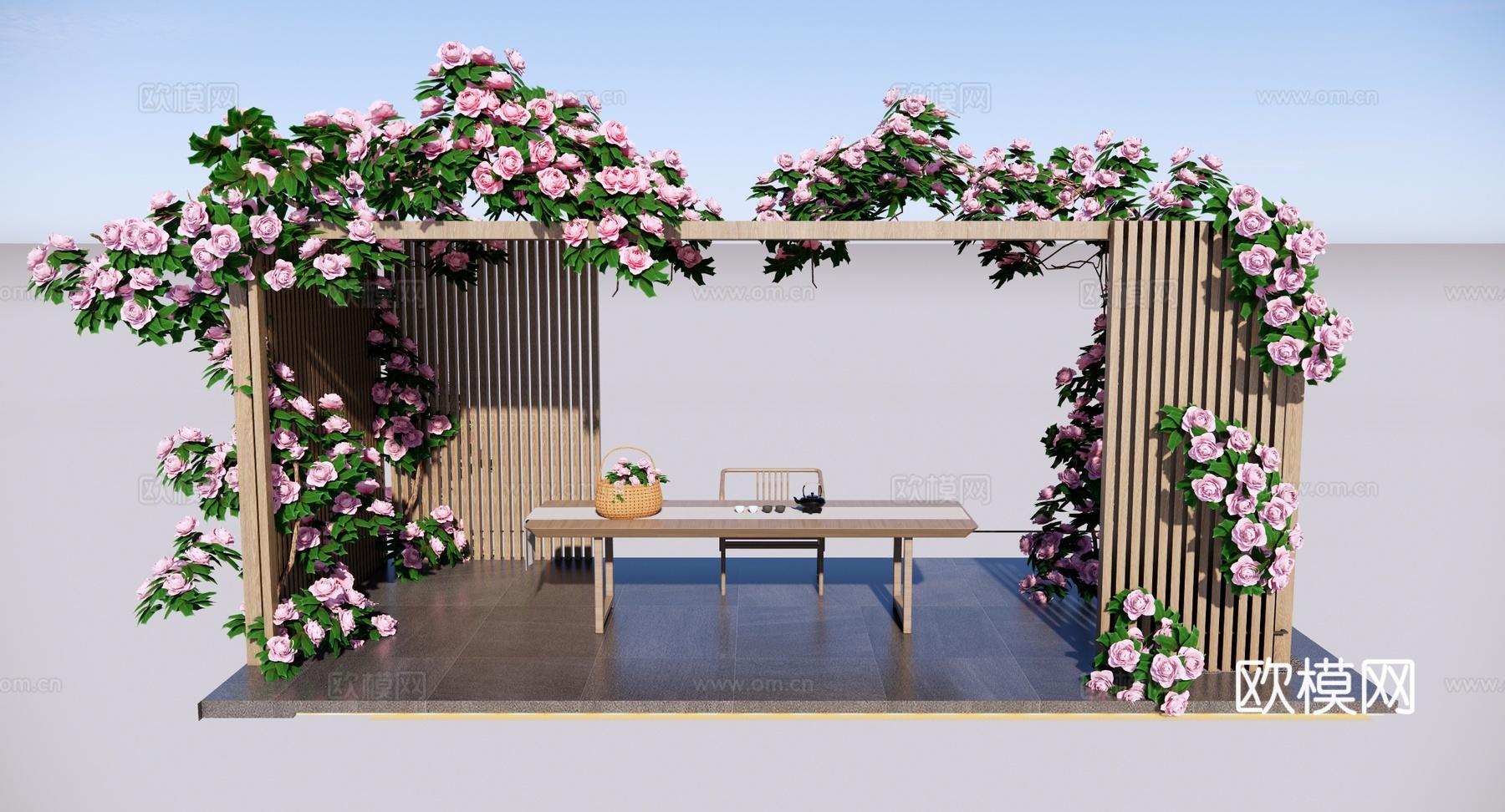 现代 廊架 爬藤植物庭院廊架 蔷薇 月季 玫瑰 格栅花架su模型