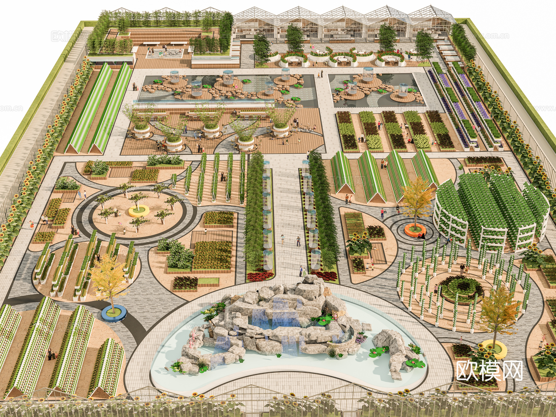 新中式现代农场 乡村振兴 美丽乡村生态农场 乡村稻田 田园3d模型下载