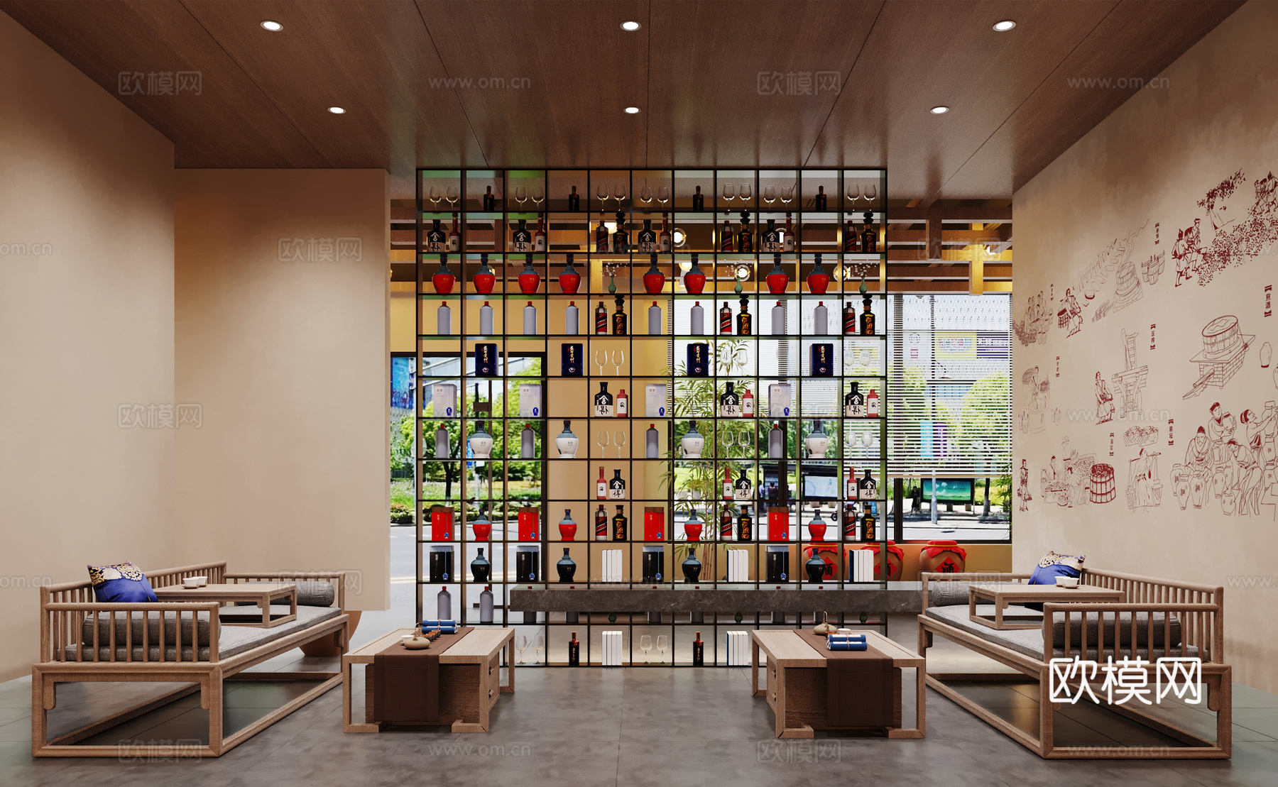 新中式烟酒店 新中式茶室 会客厅 酒柜 沙发 茶几3d模型下载（渲染图1）