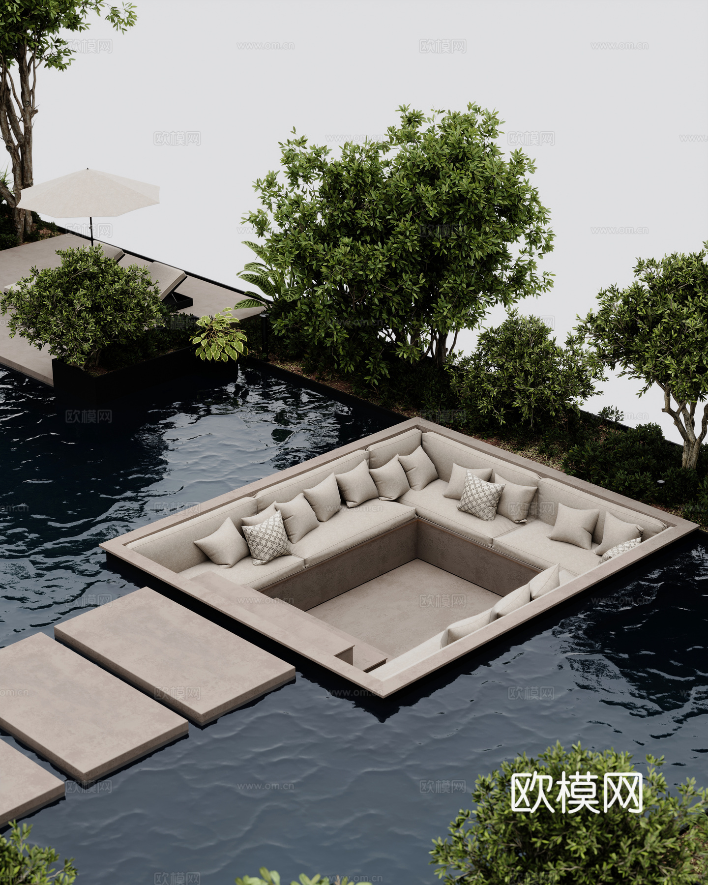 现代户外休闲空间 水景泳池 汀步 下沉回字形卡座 休闲木平台3d模型下载