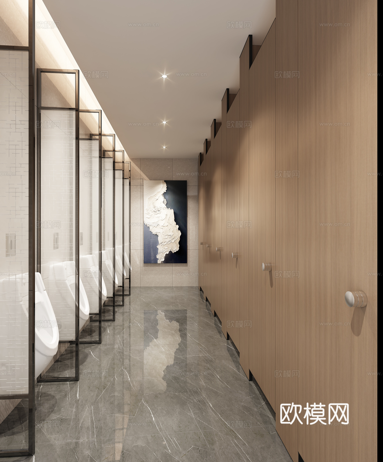 现代新中式公共卫生间洗手台小便隔断3d模型下载（渲染图1）