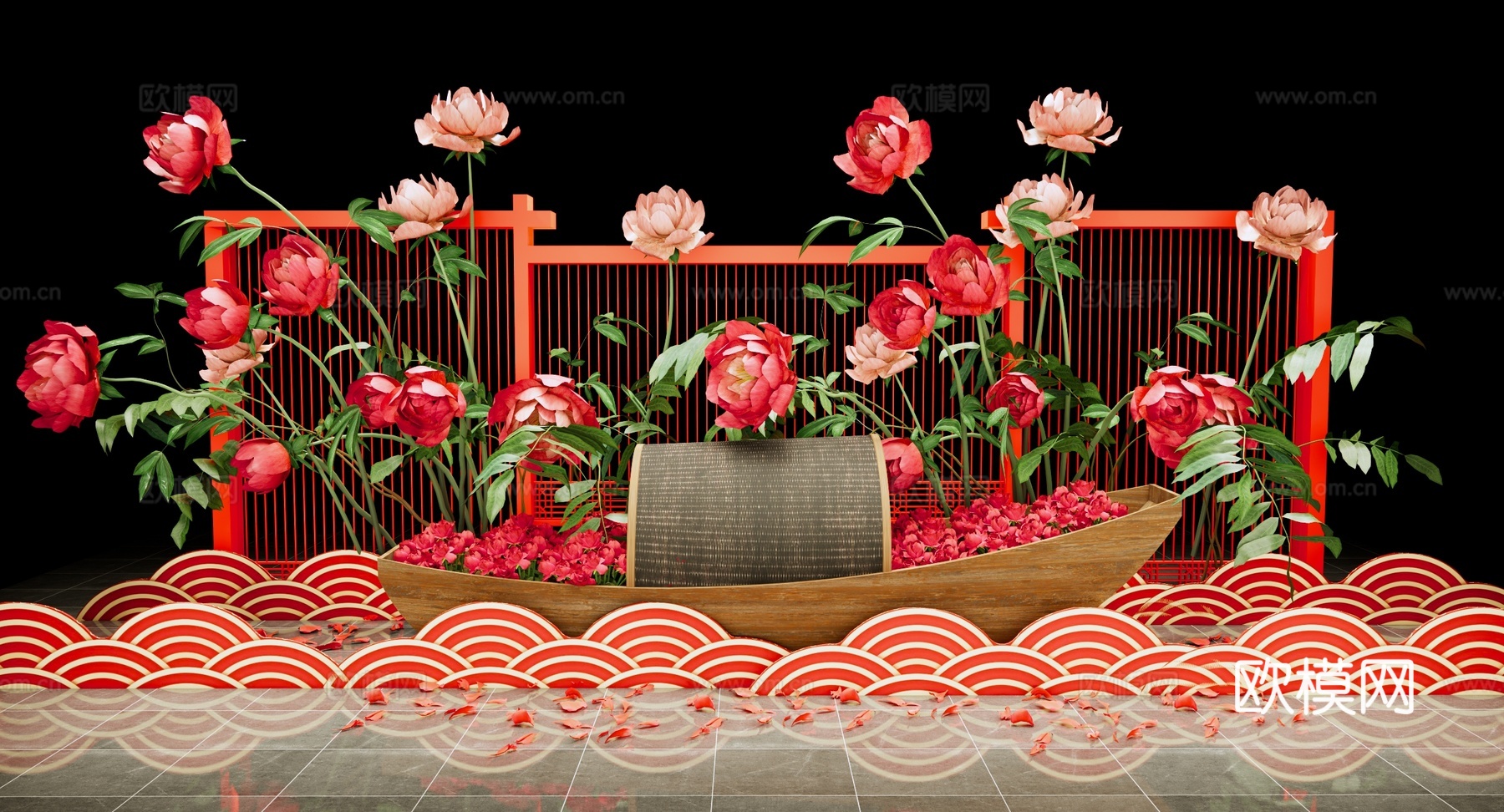 现代 花船花艺美陈 网红打卡点 玫瑰花 山茶花 红玫瑰乌篷船su模型
