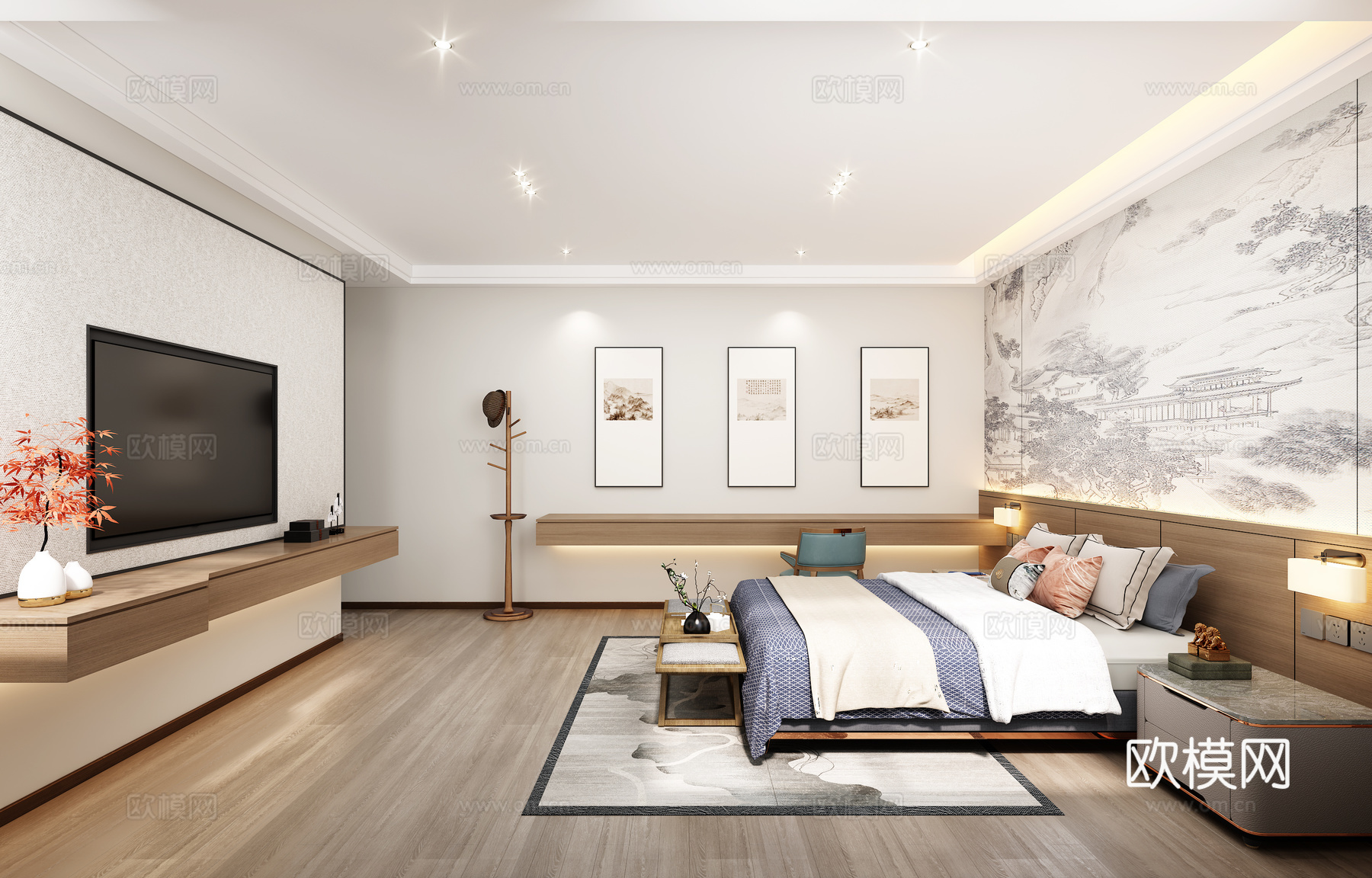 新中式酒店大床双人房主人房卧室3d模型下载