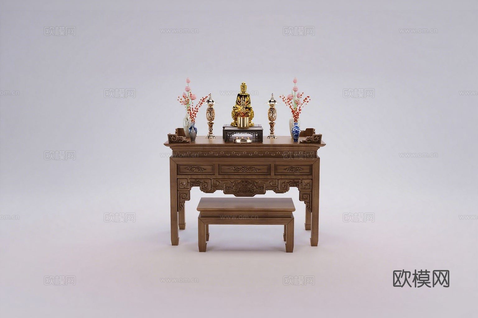 中式供桌 深木雕花供桌 金铜佛像 青瓷花瓶 香烛供具3d模型