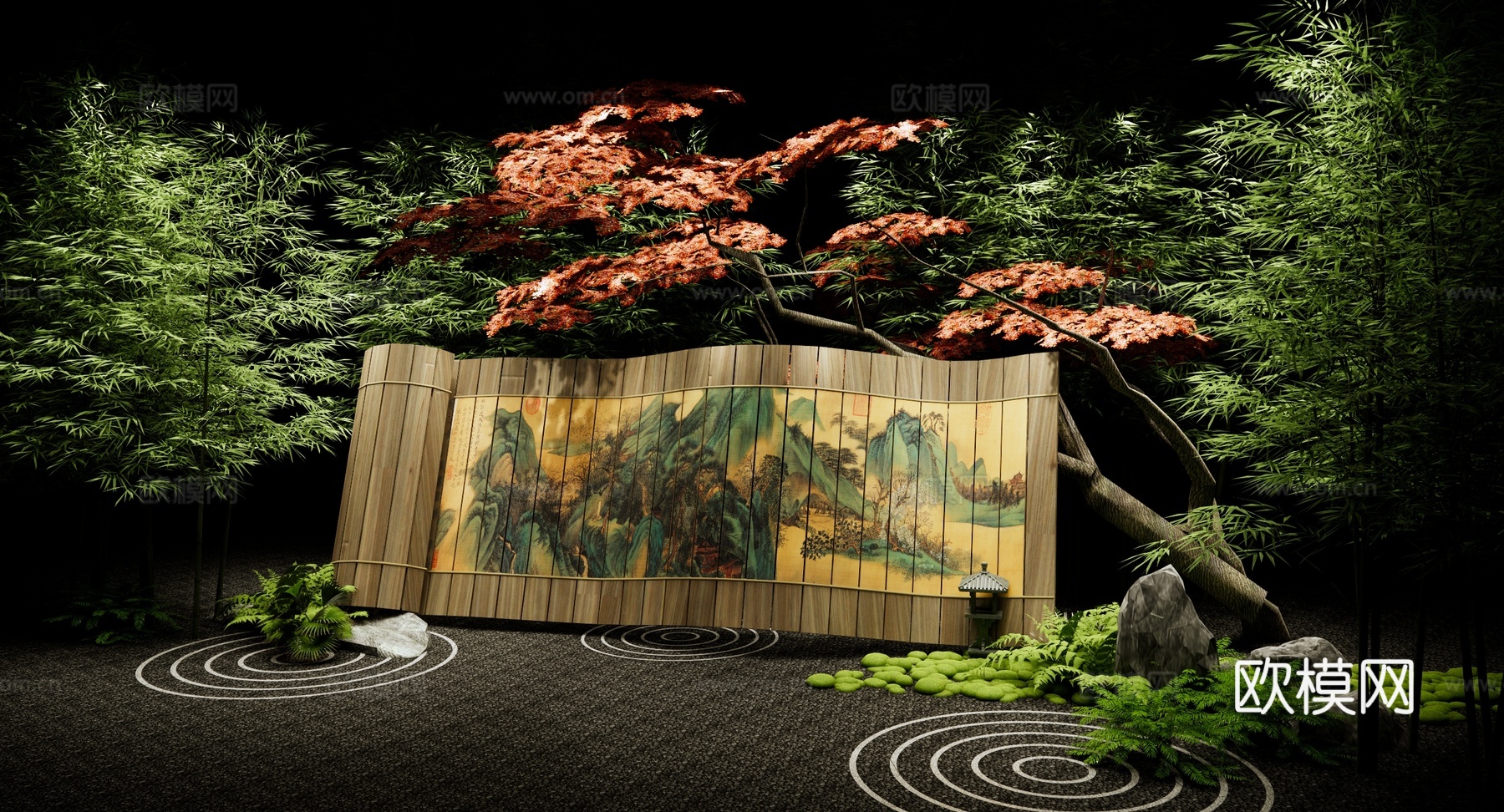 新中式 美陈 山水画卷美陈 书简竹简美陈 卷轴美陈 竹林 山su模型
