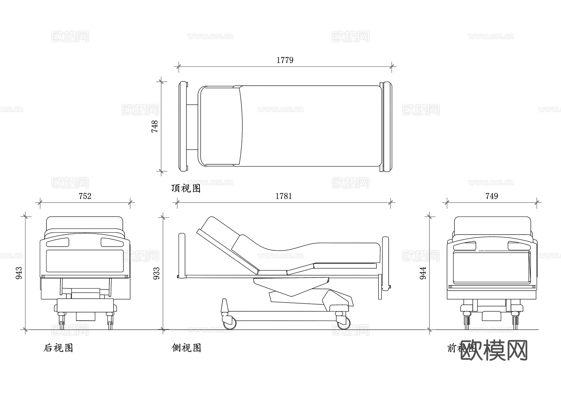 医院病床 医用床 护理床 多功能病床 电动病床 手动调节床cad施工图