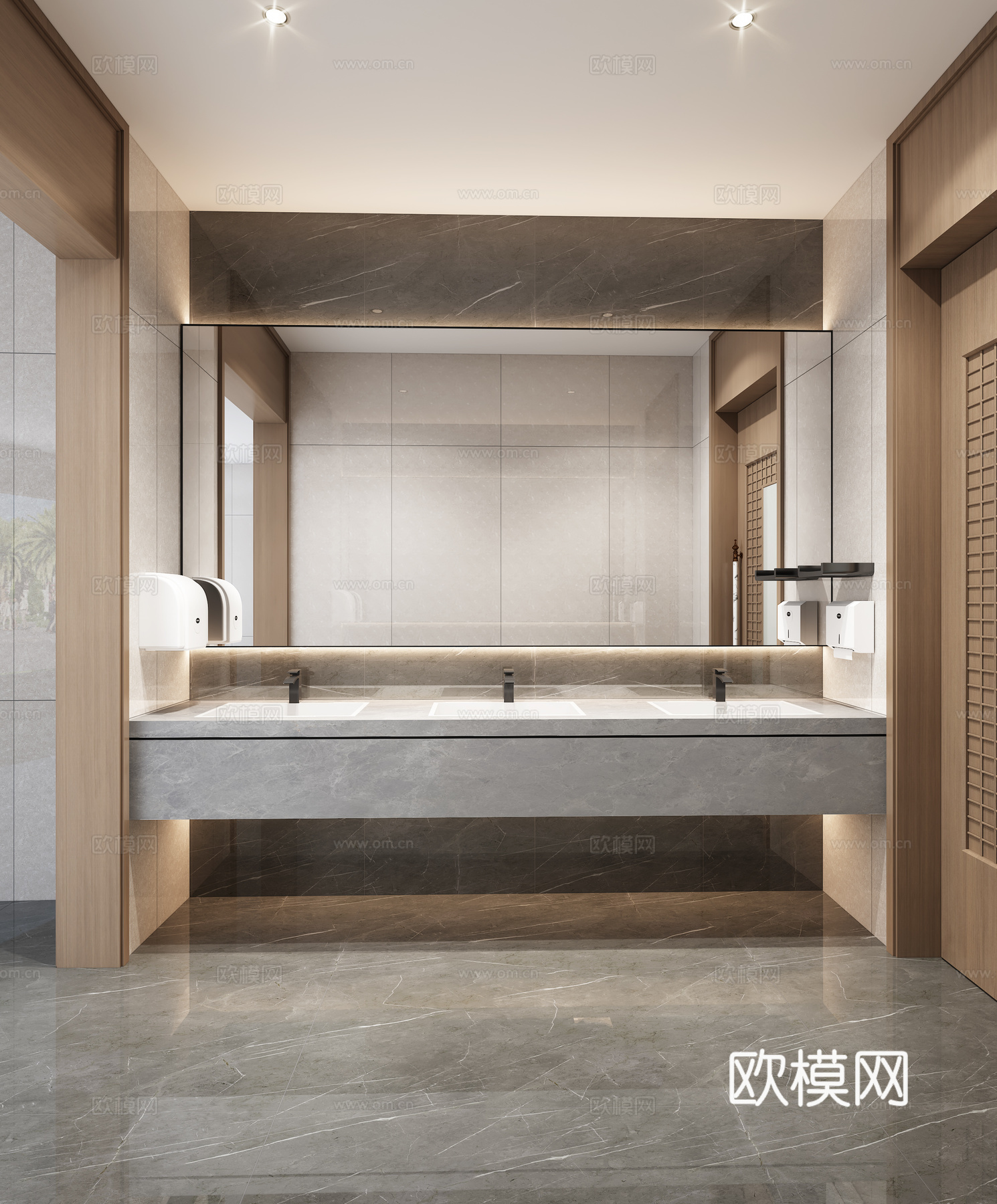 现代新中式公共卫生间洗手台小便隔断3d模型下载（渲染图2）