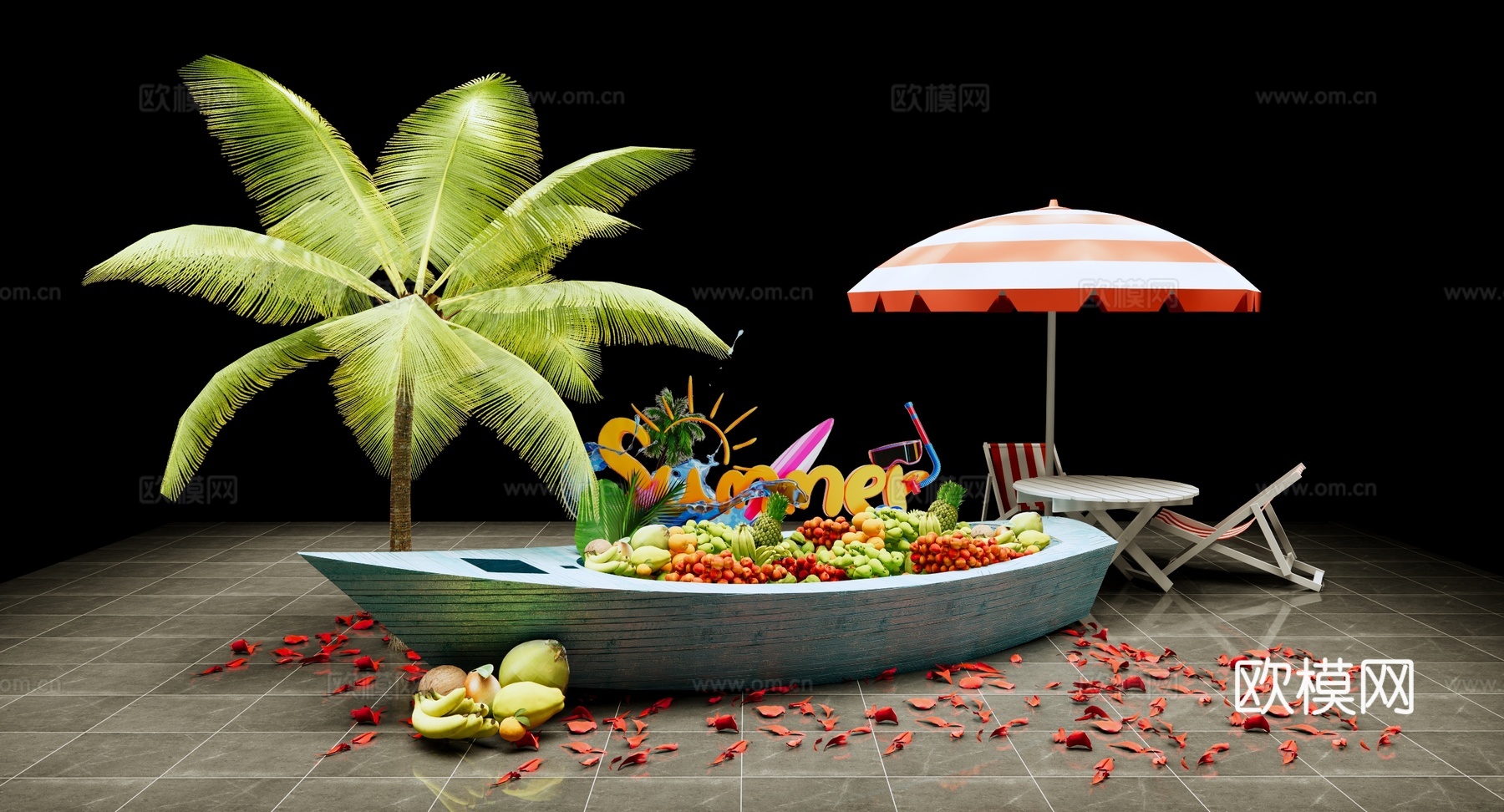 现代 夏日沙滩主题美陈 夏日派对美陈 躺椅 热带水果 水果船su模型