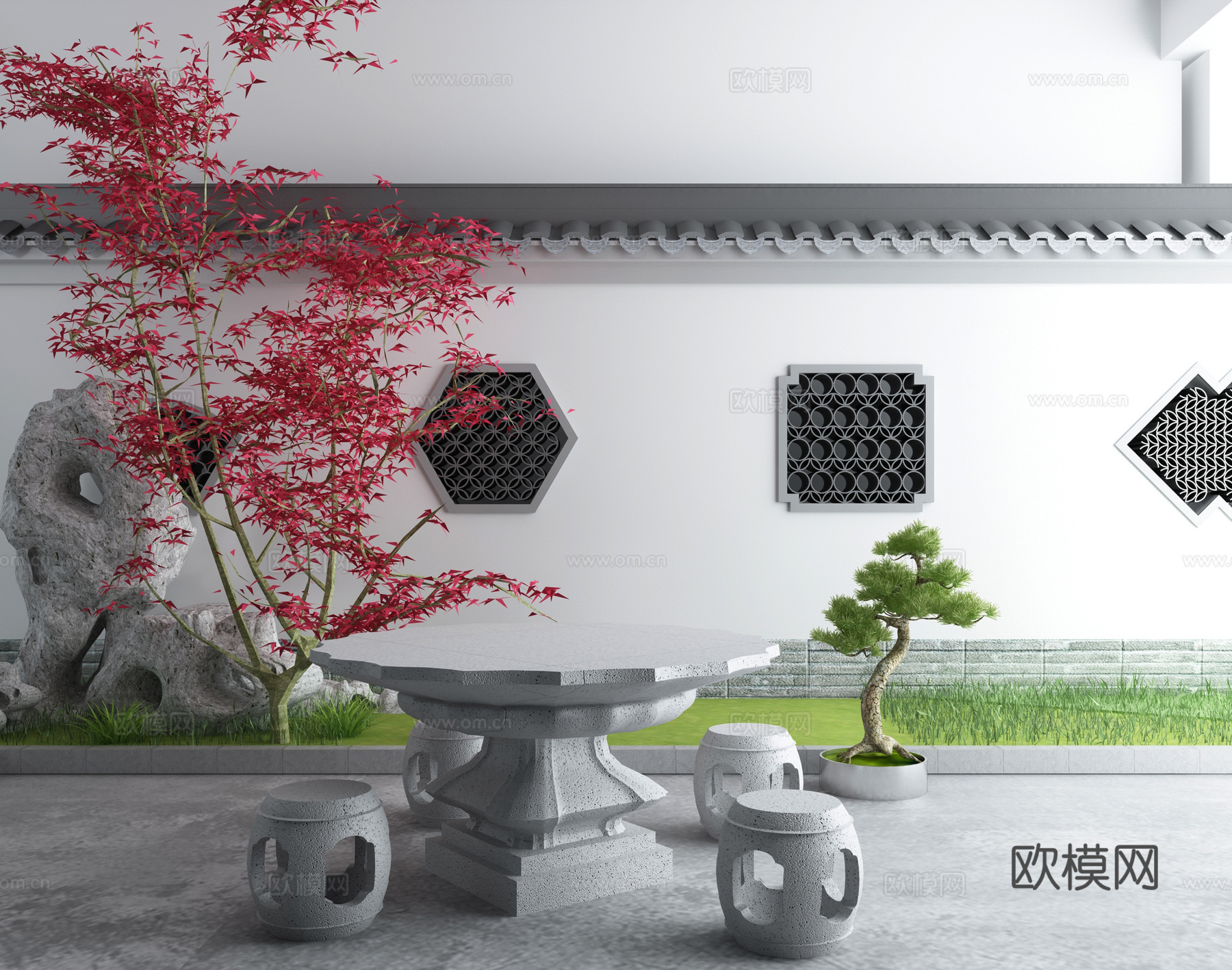 新中式日式庭院景观园林园艺小品日式庭院围墙户外石凳假山景3d模型