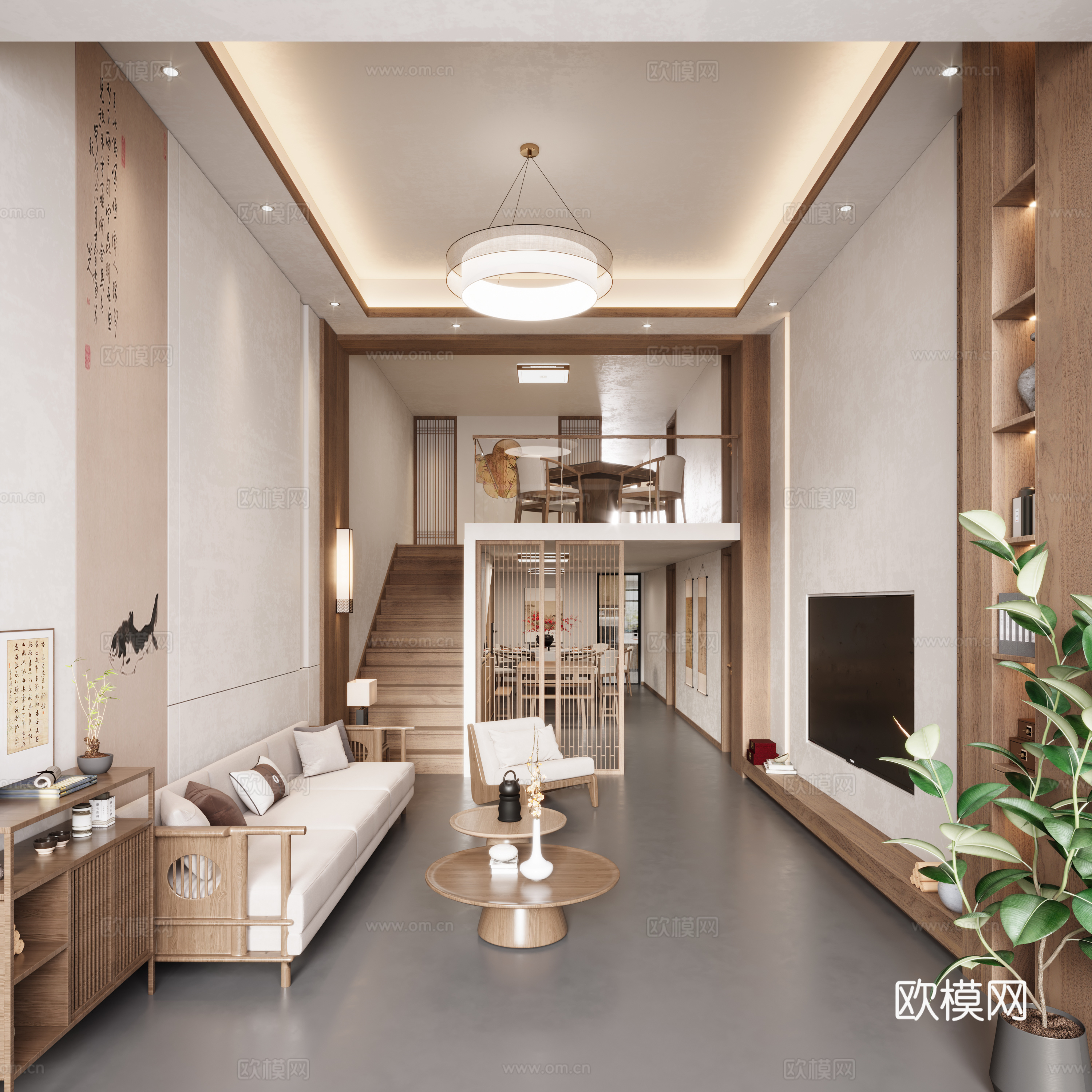 新中式复式loft别墅客厅3d模型