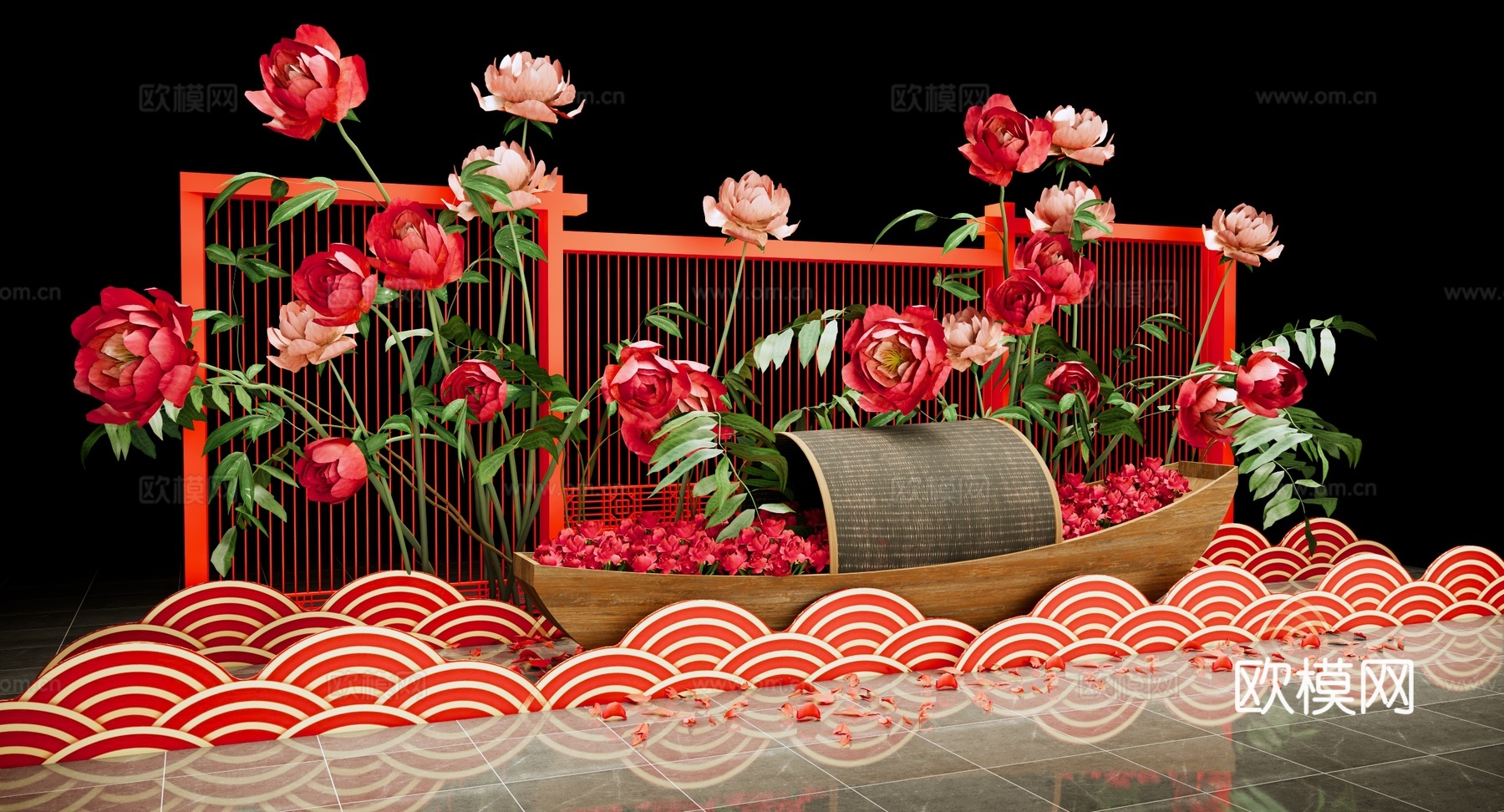 现代 花船花艺美陈 网红打卡点 玫瑰花 山茶花 红玫瑰乌篷船su模型