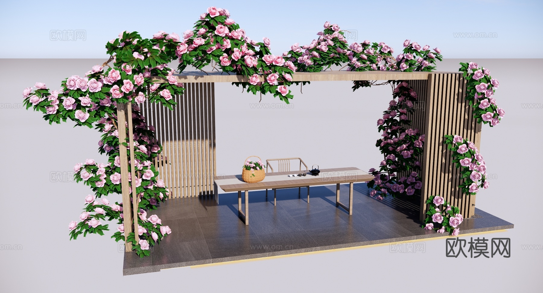 现代 廊架 爬藤植物庭院廊架 蔷薇 月季 玫瑰 格栅花架su模型