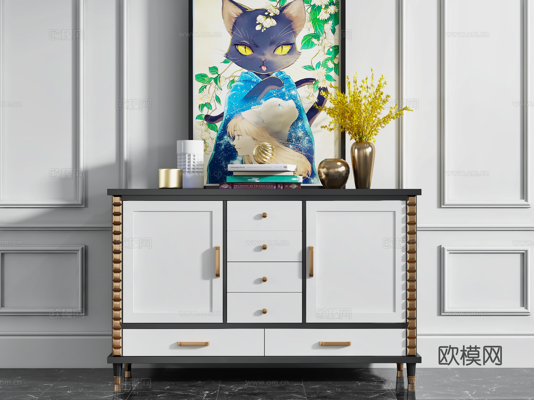 现代轻奢玄关柜 端景台条案 玄关桌 背几 装饰柜 摆件3d模型下载（渲染图1）