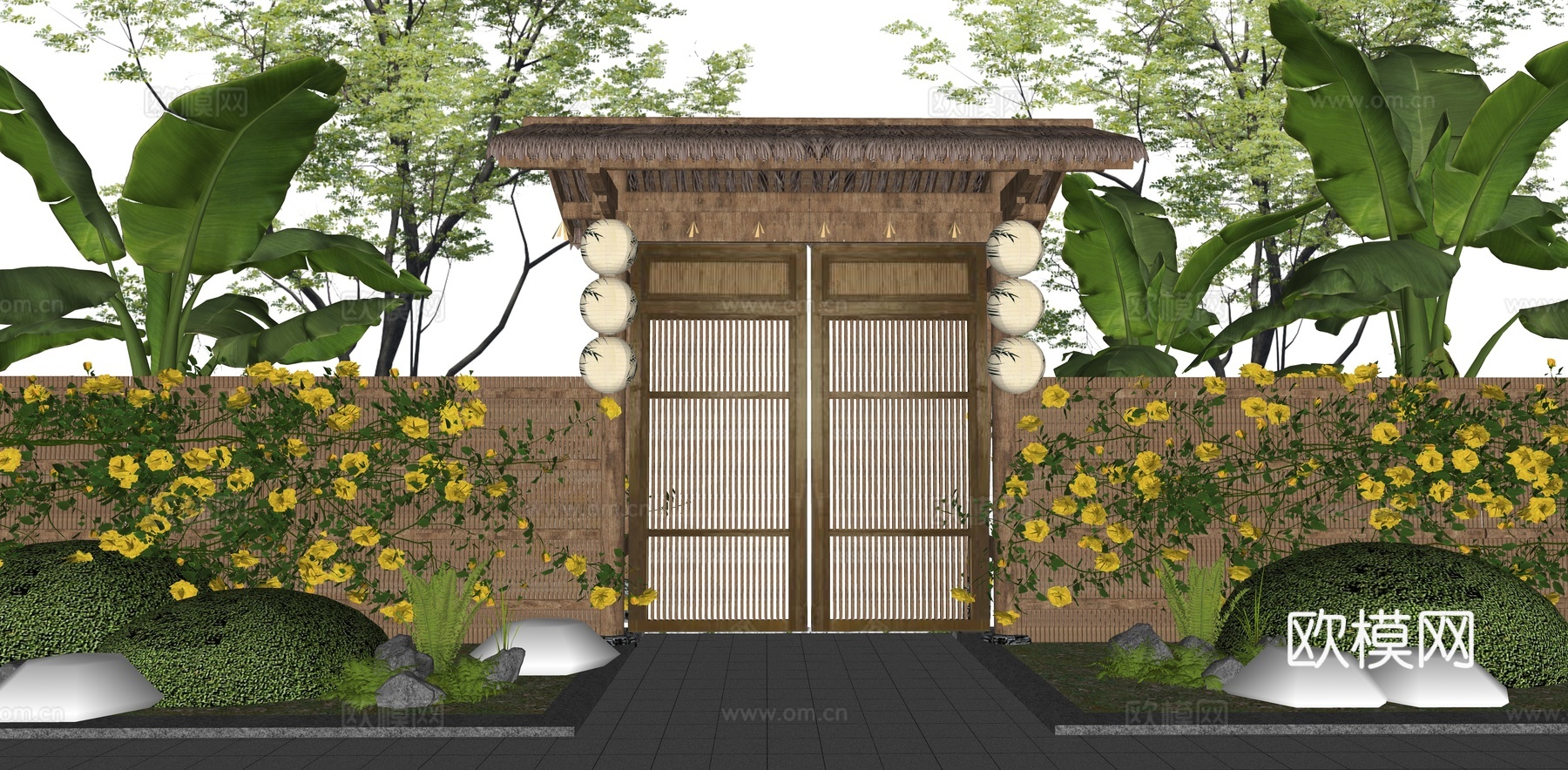 新中式 大门 乡村庭院门 院门围墙 小柴门 民宿小院门 竹篱su模型