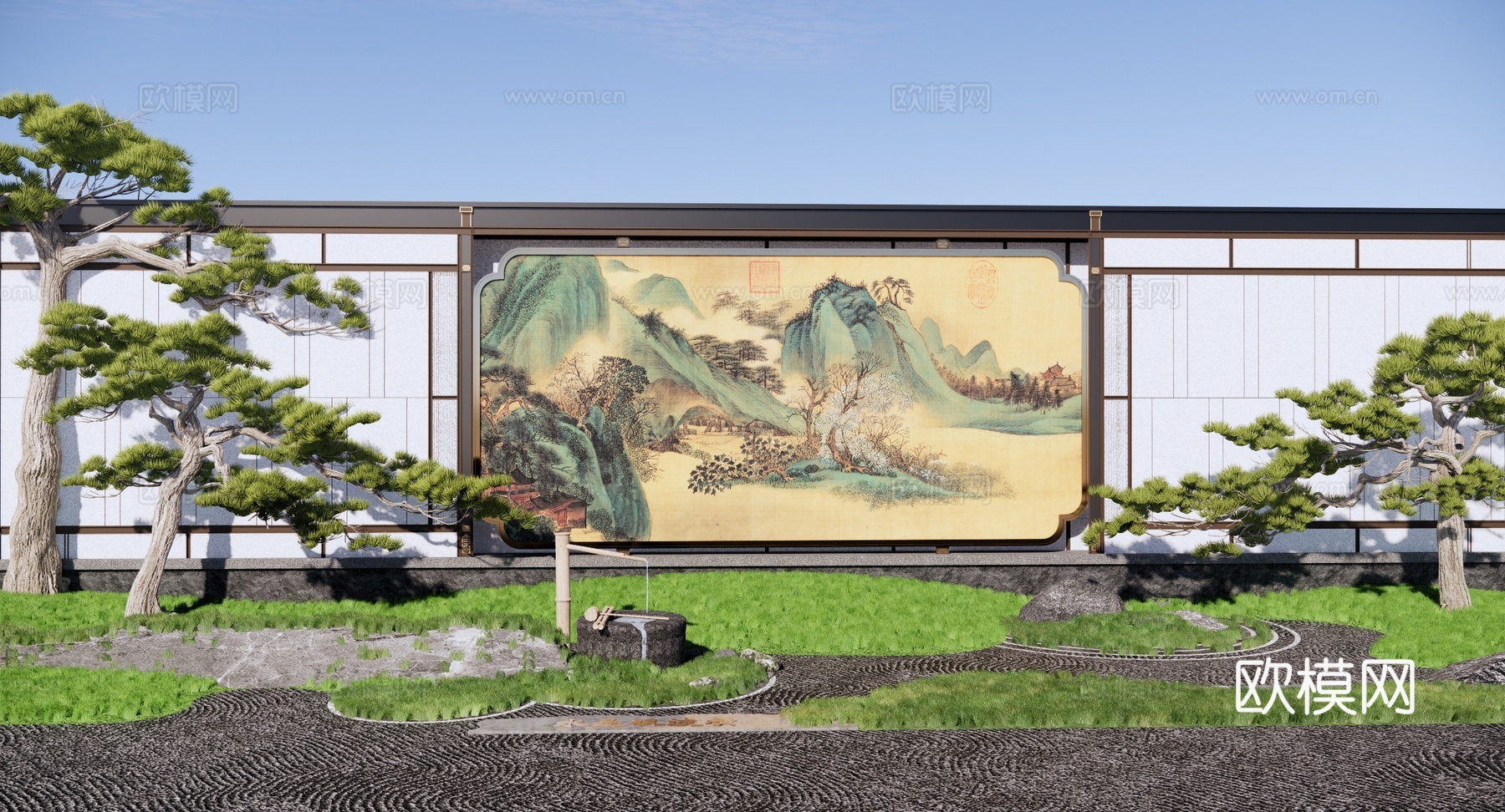 新中式 景墙 山水景墙 禅意庭园景墙 对景景墙 夹绢景墙su模型