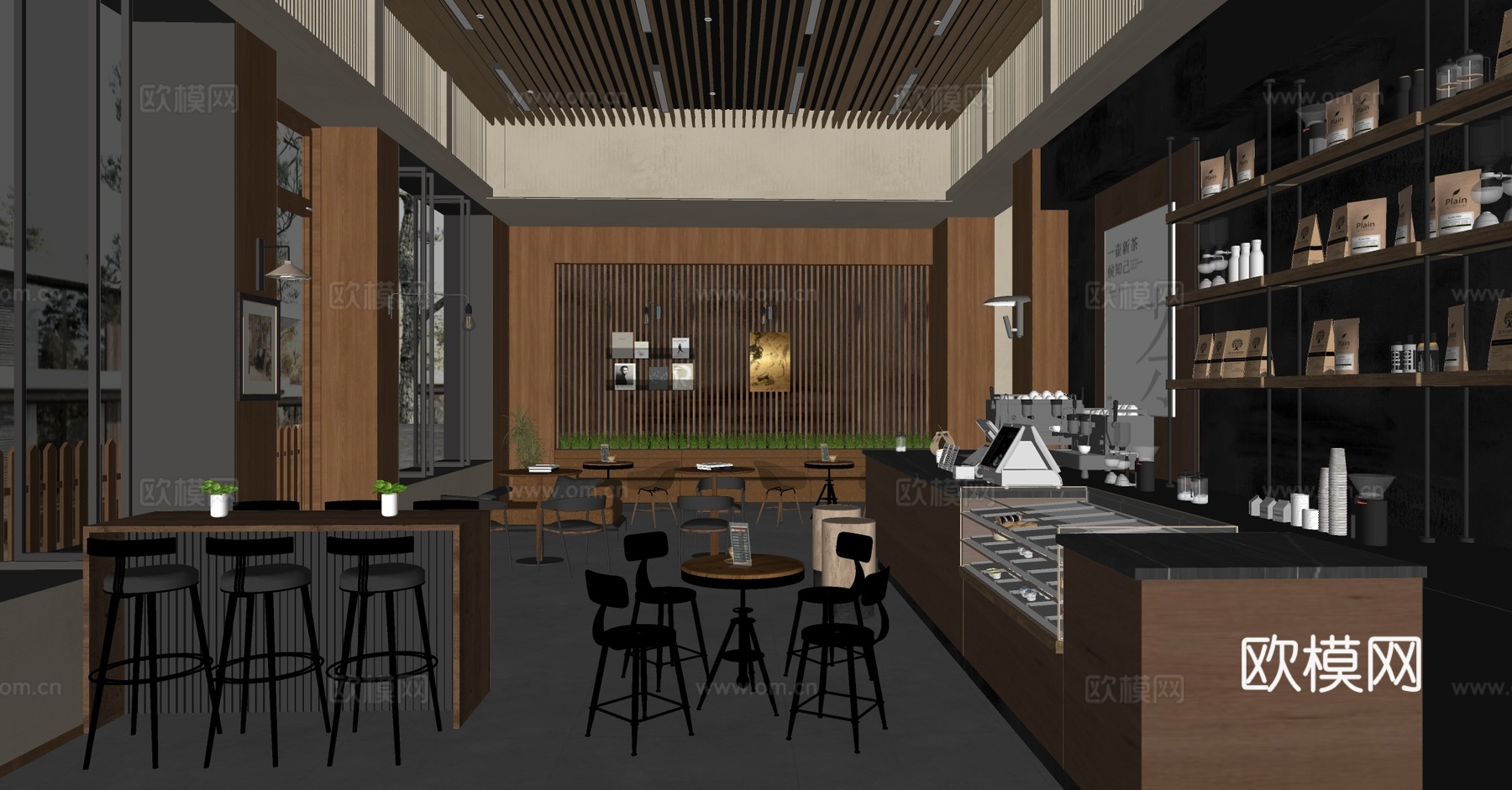 原木咖啡厅 咖啡桌椅 奶茶店 咖啡店操作台 收银前台 咖啡店su模型